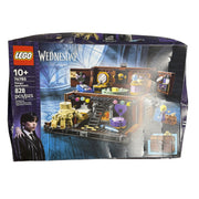 Lego Wednesday Thing's Apartment building toy set 76785 with 828 pieces, featuring detailed Lego construction and character figures.