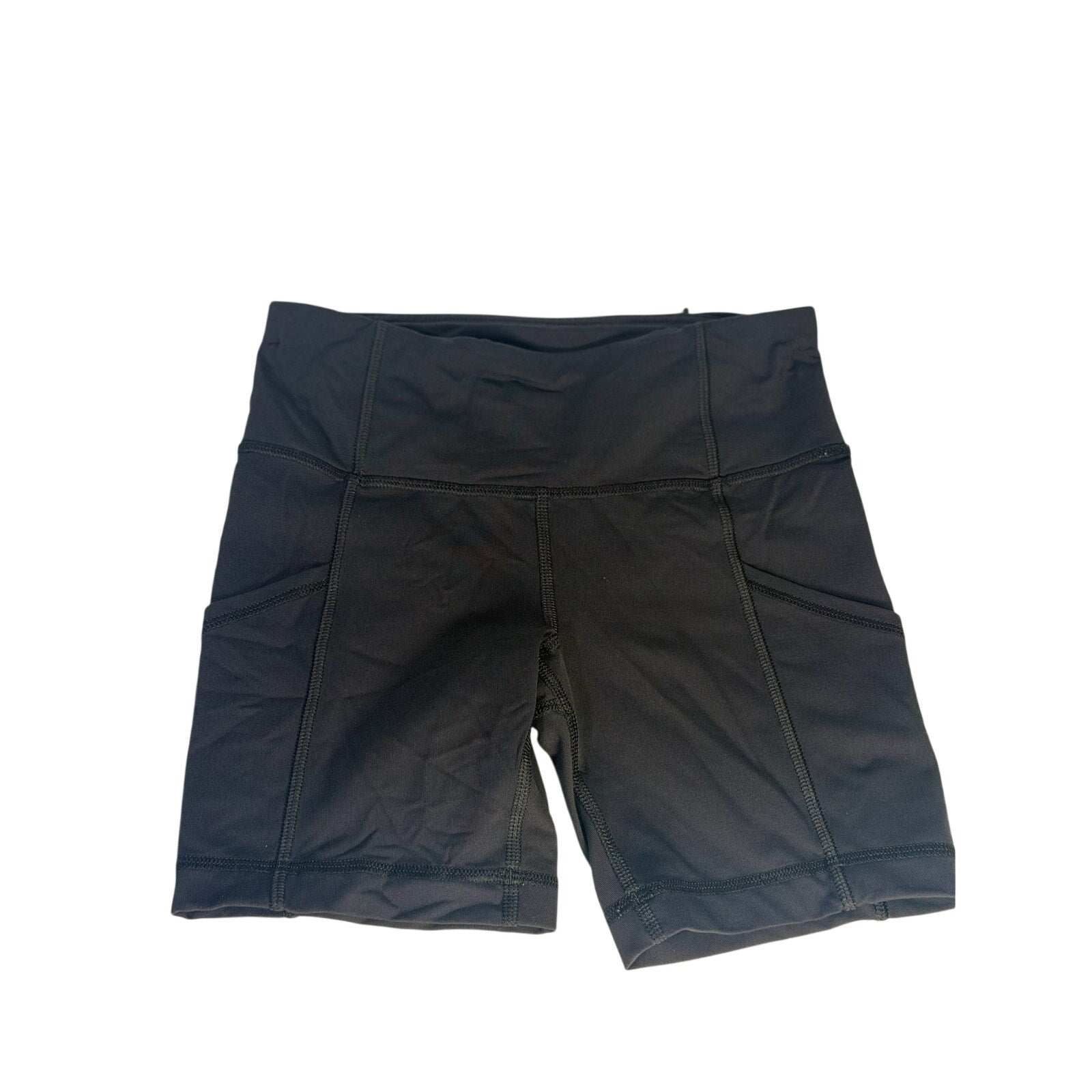 Lululemon women’s high-rise black biker shorts with pockets, size 2, made of stretchy athletic fabric.