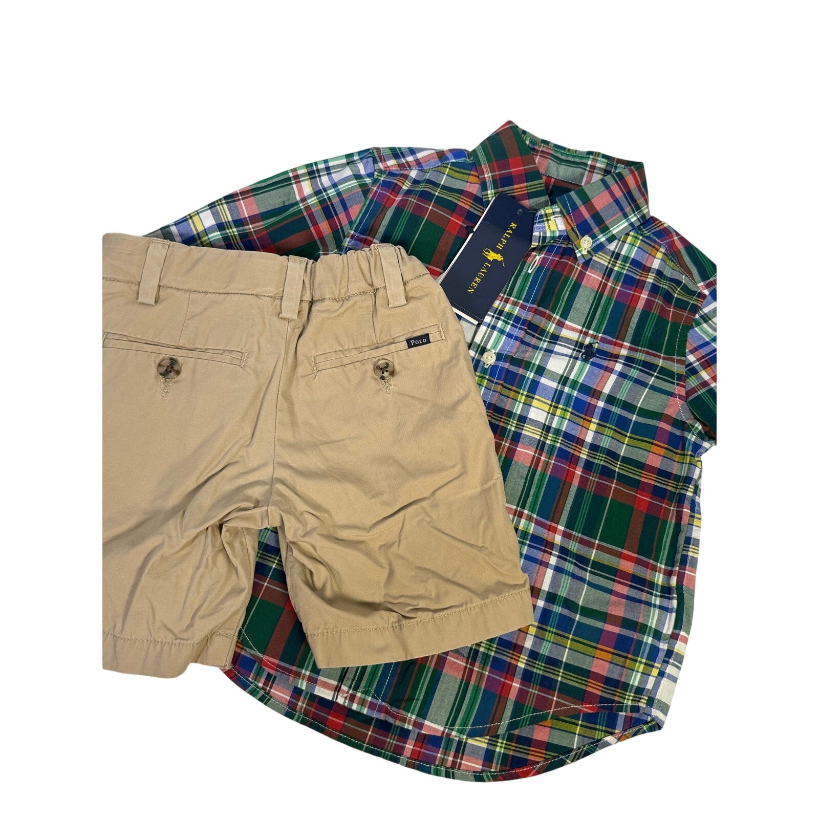 Ralph Lauren boys' plaid shirt with khaki chino shorts, size 2T, casual outfit set for kids.