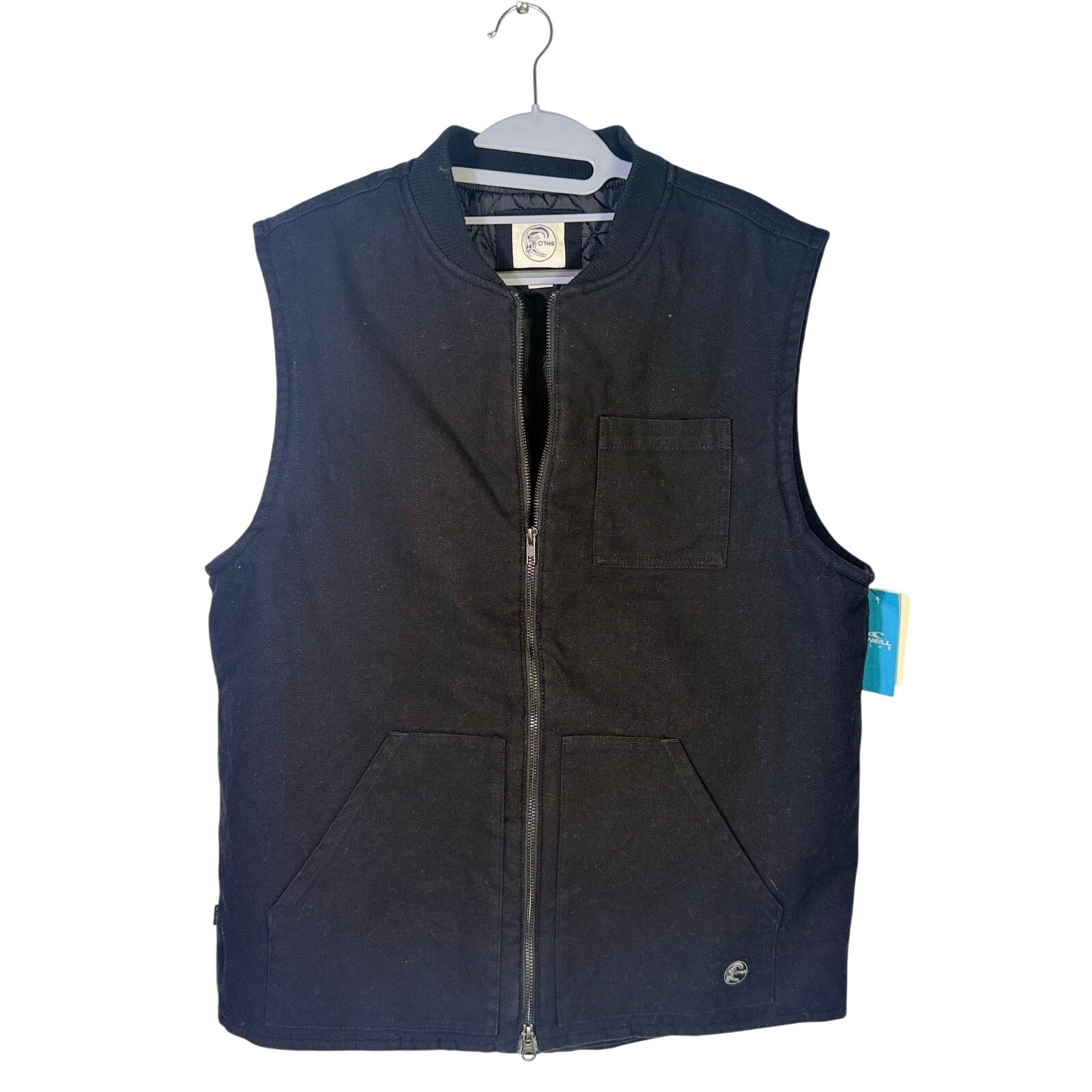 O’Neill Men’s OG Turner Vest in black, full zip front, size large, displayed on a hanger, showing the vest’s sleek design.