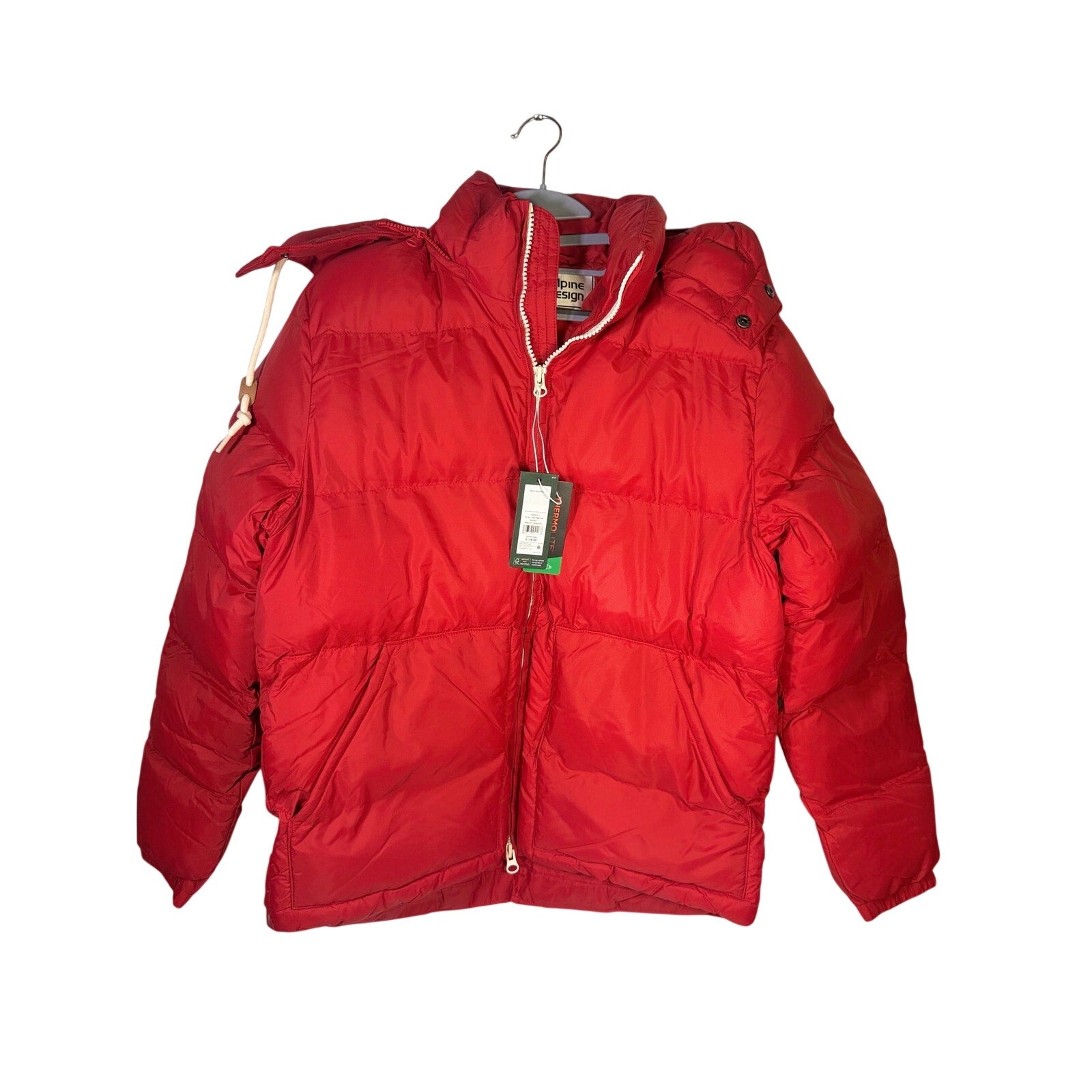 Red Alpine Design men's HyperDRY puffer jacket with hood, size small, insulated and lightweight for cold weather.