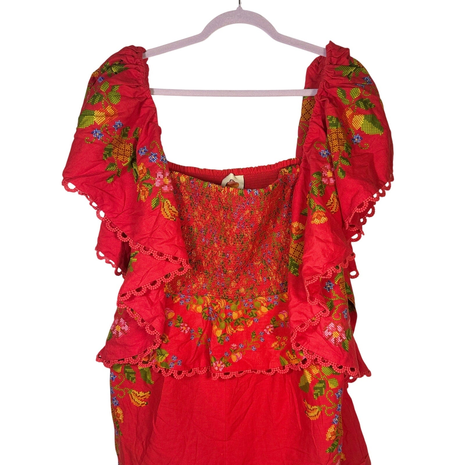 Red floral embroidered FARM Rio women's romper with flutter sleeves, size XL, featuring a stylish and vibrant summer outfit.
