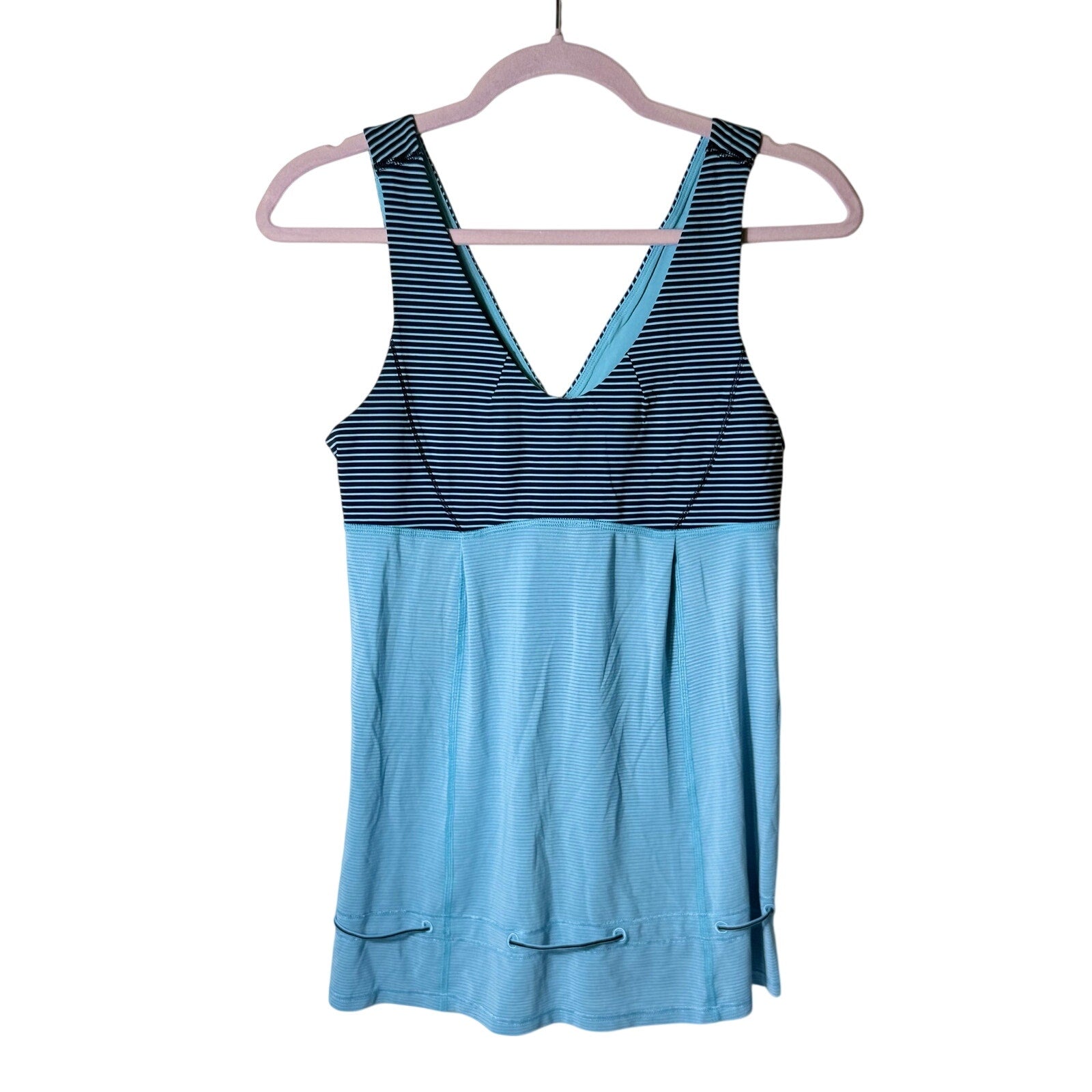 Lululemon Women’s Size 6 Blue Striped V-Neck Athletic Tank Top Drawcord