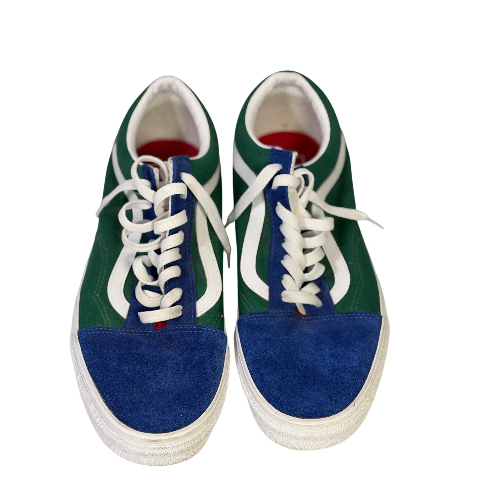 VANS Old Skool colorblock sneakers in green, blue, and white with black accents, men's size 10.5 and women's size 12, casual footwear
