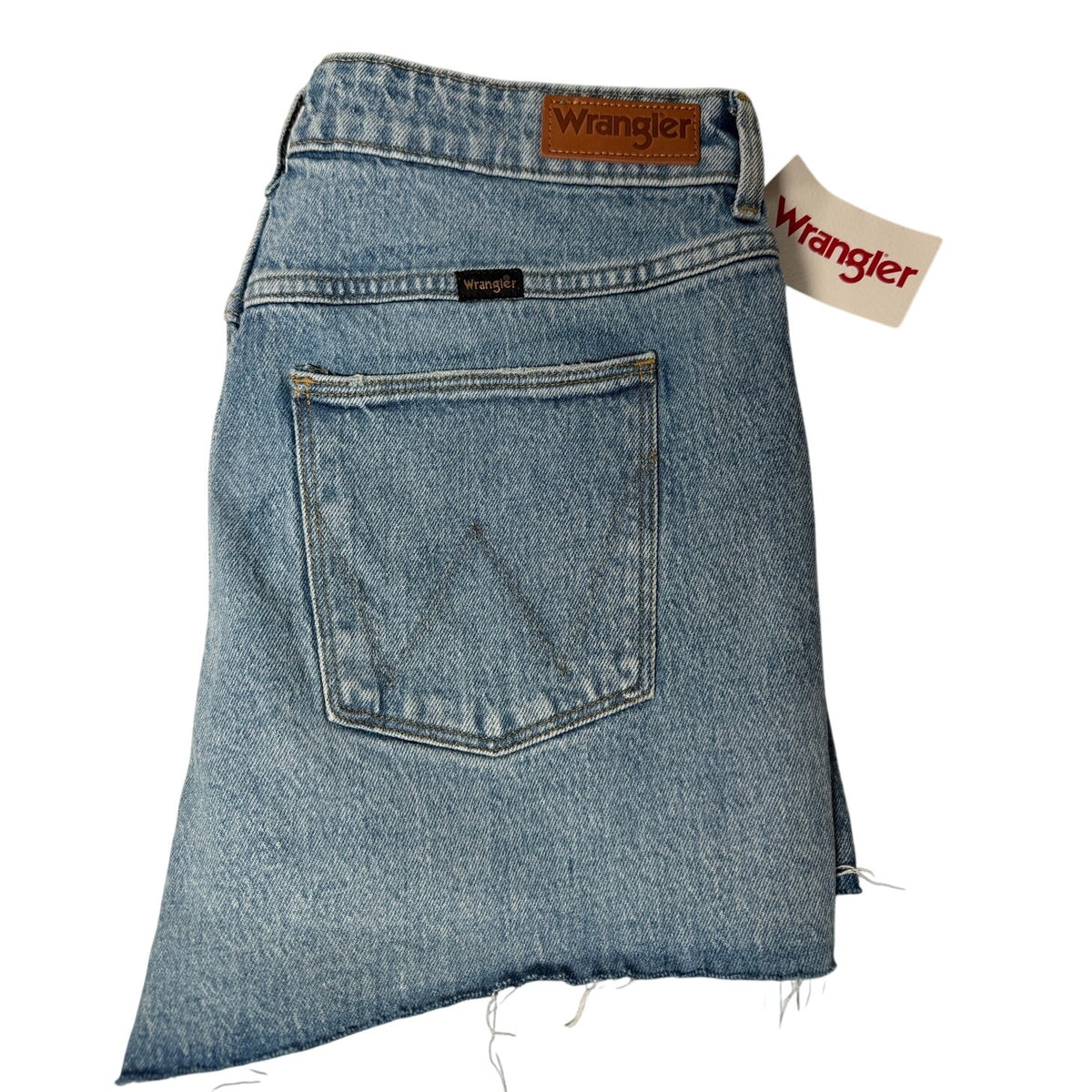 Wrangler women's high rise vintage denim shorts in size 10/31, featuring classic distressed style and frayed hem.