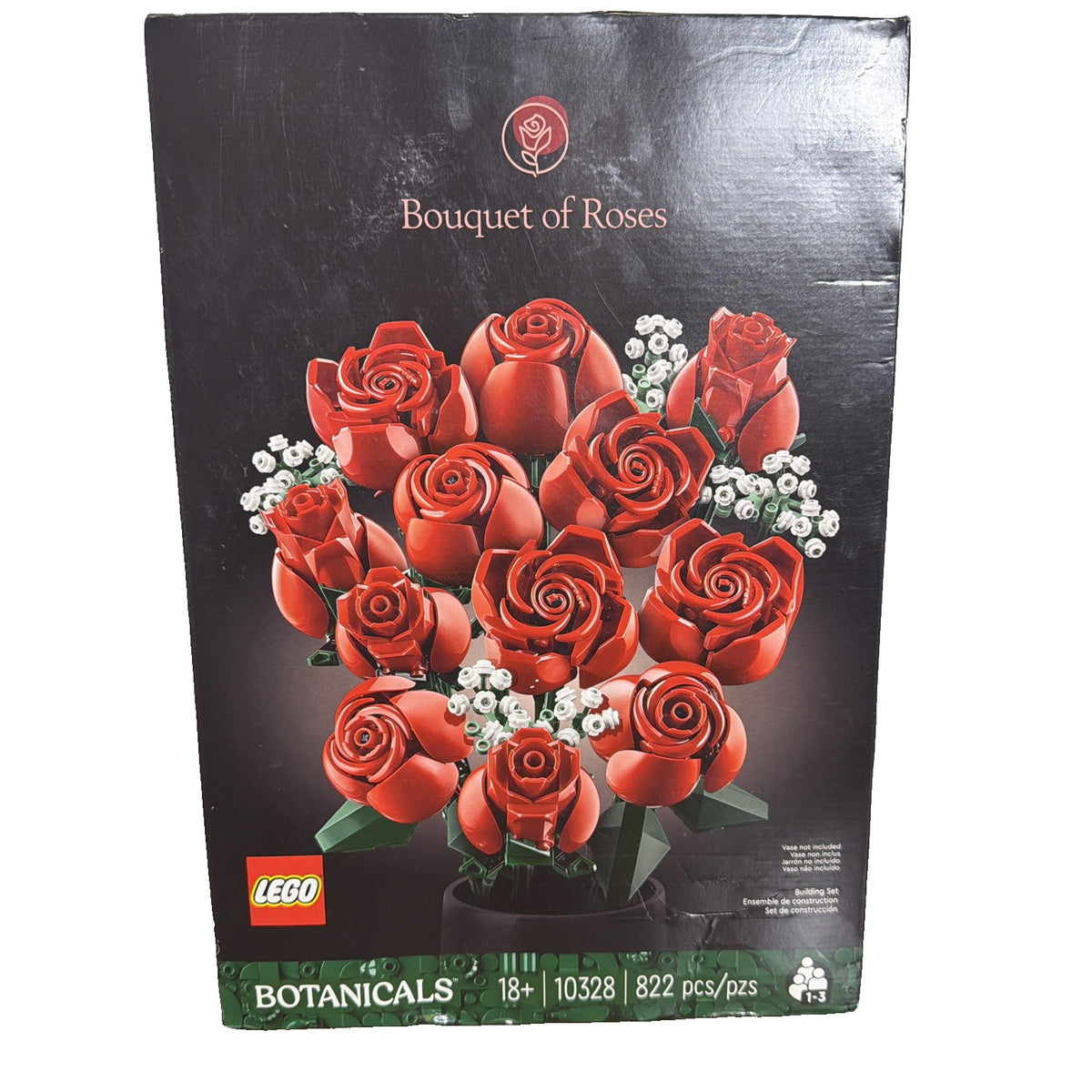 LEGO Botanicals Bouquet of Roses 10328 building set with 822 pieces, featuring detailed rose and floral brick models.
