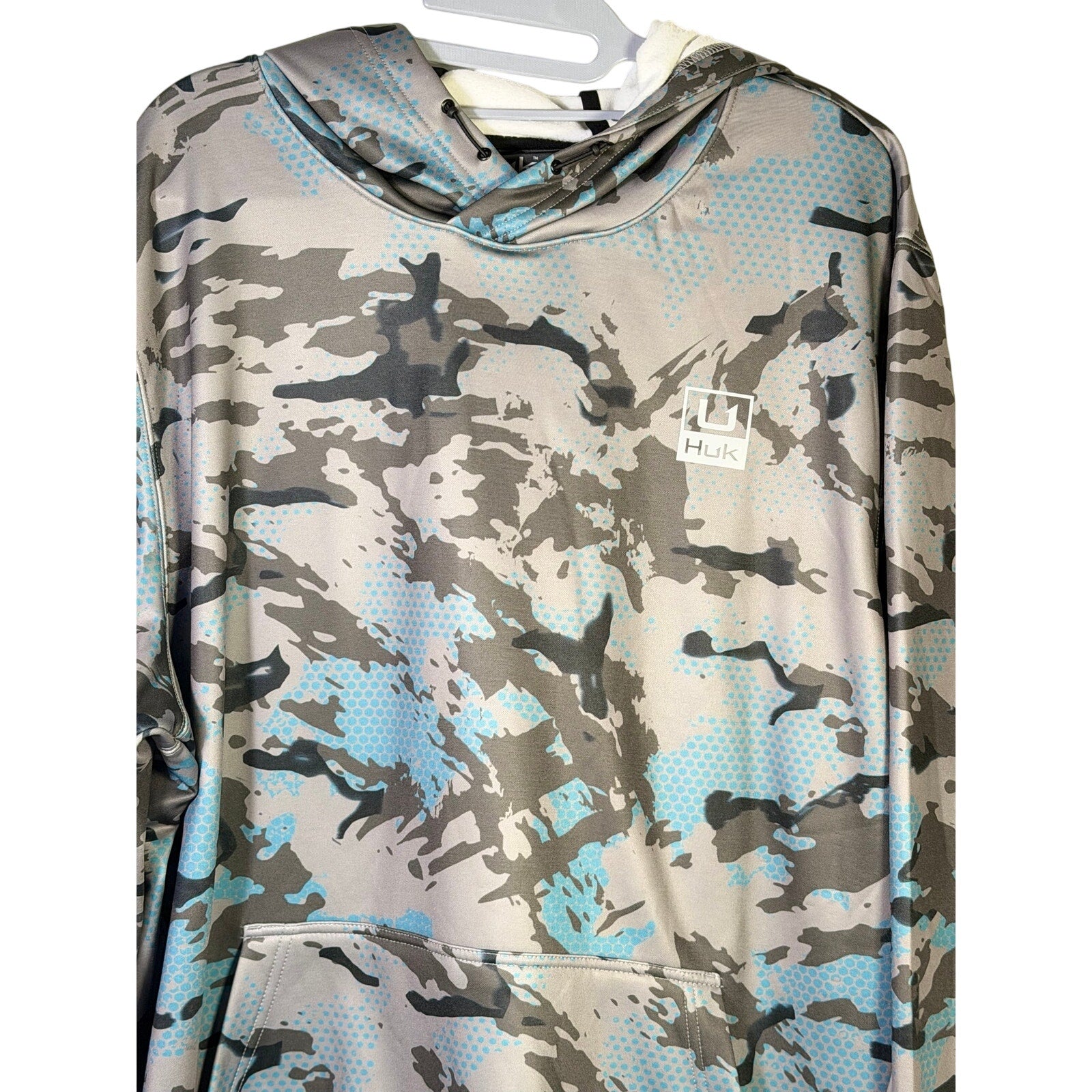 Hulk HUK men’s cold front KC camo fishing hoodie in gray blue, size XL, featuring a hood and camo pattern for outdoor fishing trips.