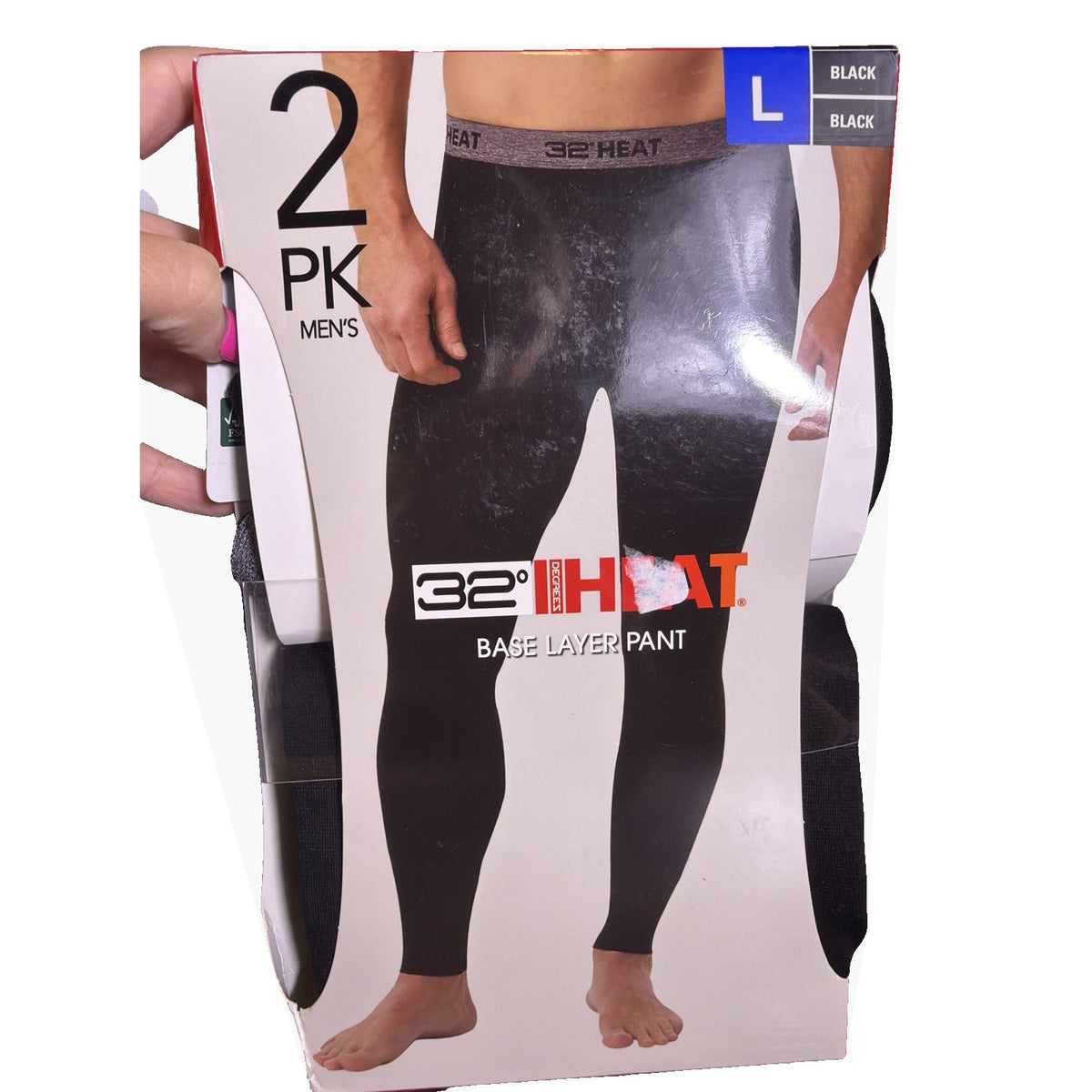 Pair of black 32 Degrees Heat men's base layer pants in size L, shown flat with waistband and fabric texture visible.