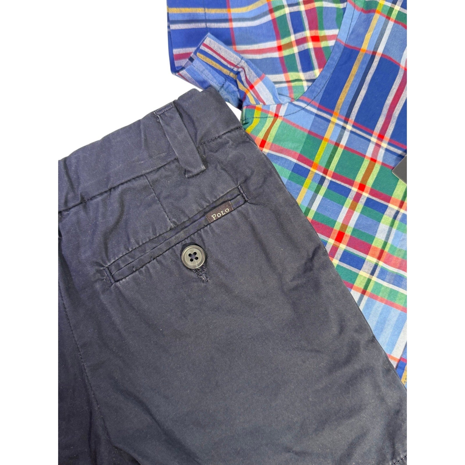 Ralph Lauren boys plaid shirt and navy chino shorts outfit set, size 2T and 4T, featuring classic clothing style and comfortable fabric.
