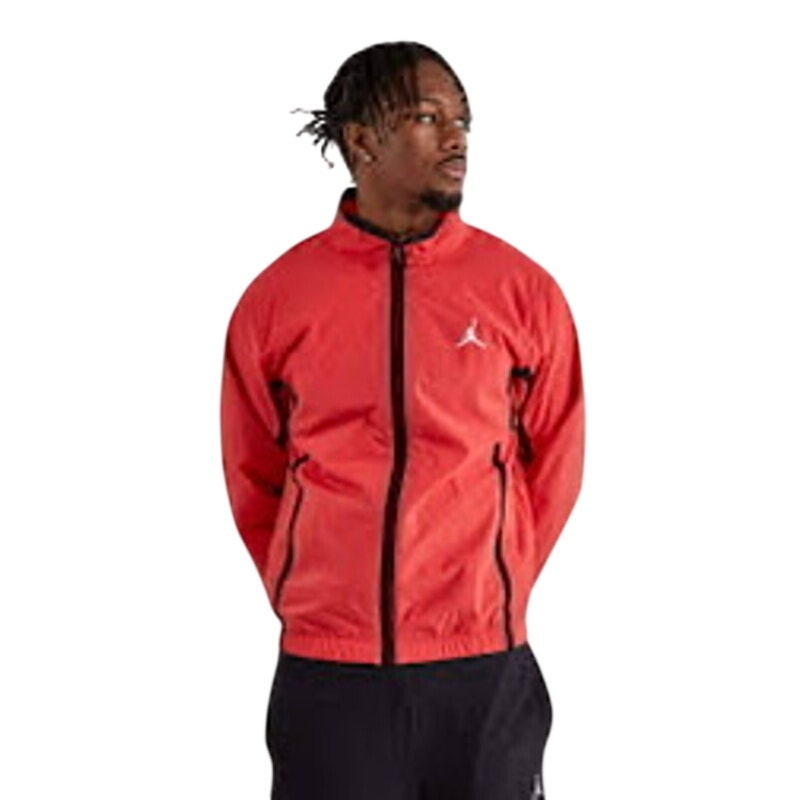 Nike Jordan Essentials Woven Windbreaker jacket in Lobster color, men's large size, showing the lightweight, woven fabric and branding details.