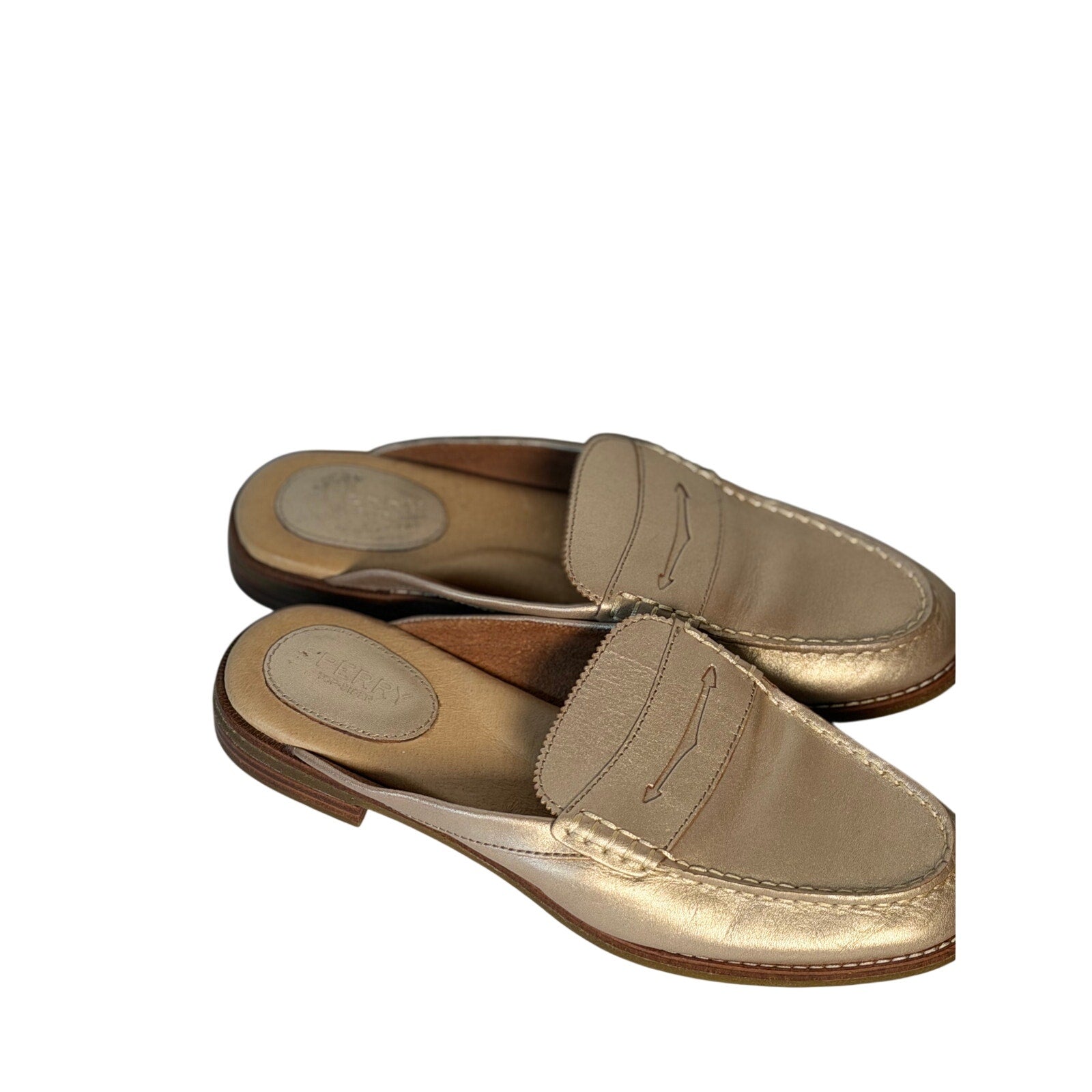 Women's Sperry Top-Sider metallic gold leather loafer mule, US size 8, stylish slip-on footwear with a sleek finish.