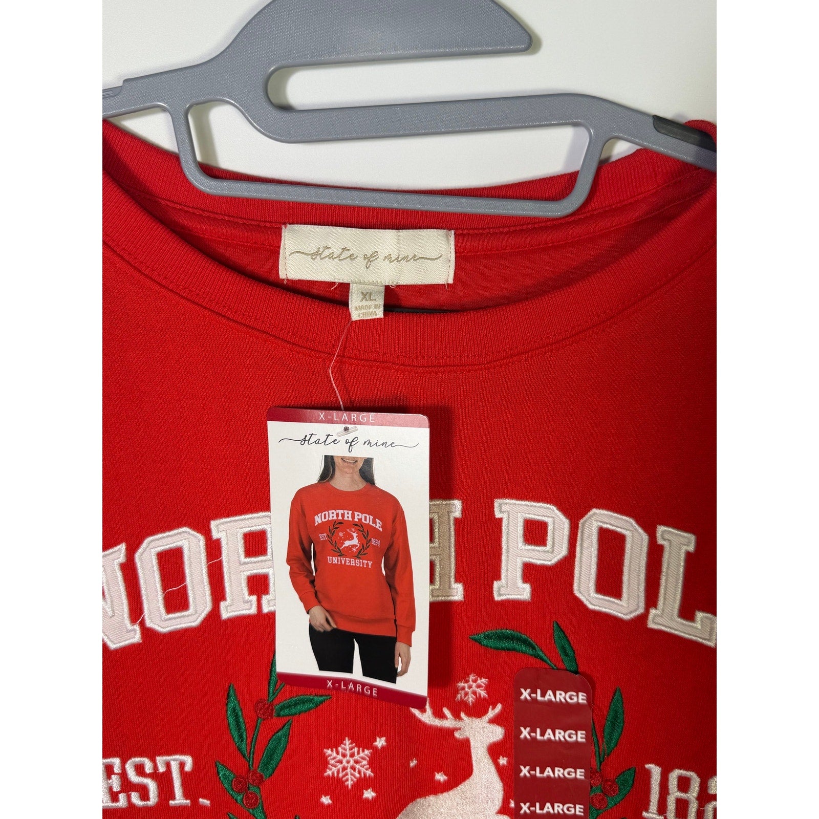 State of Mine North Pole University Christmas sweatshirt for women, XL size, featuring festive holiday design and cozy fabric.