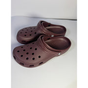 Burgundy Crocs Classic Clogs for men and women, slip-on comfort sneakers with open heel and breathable design.