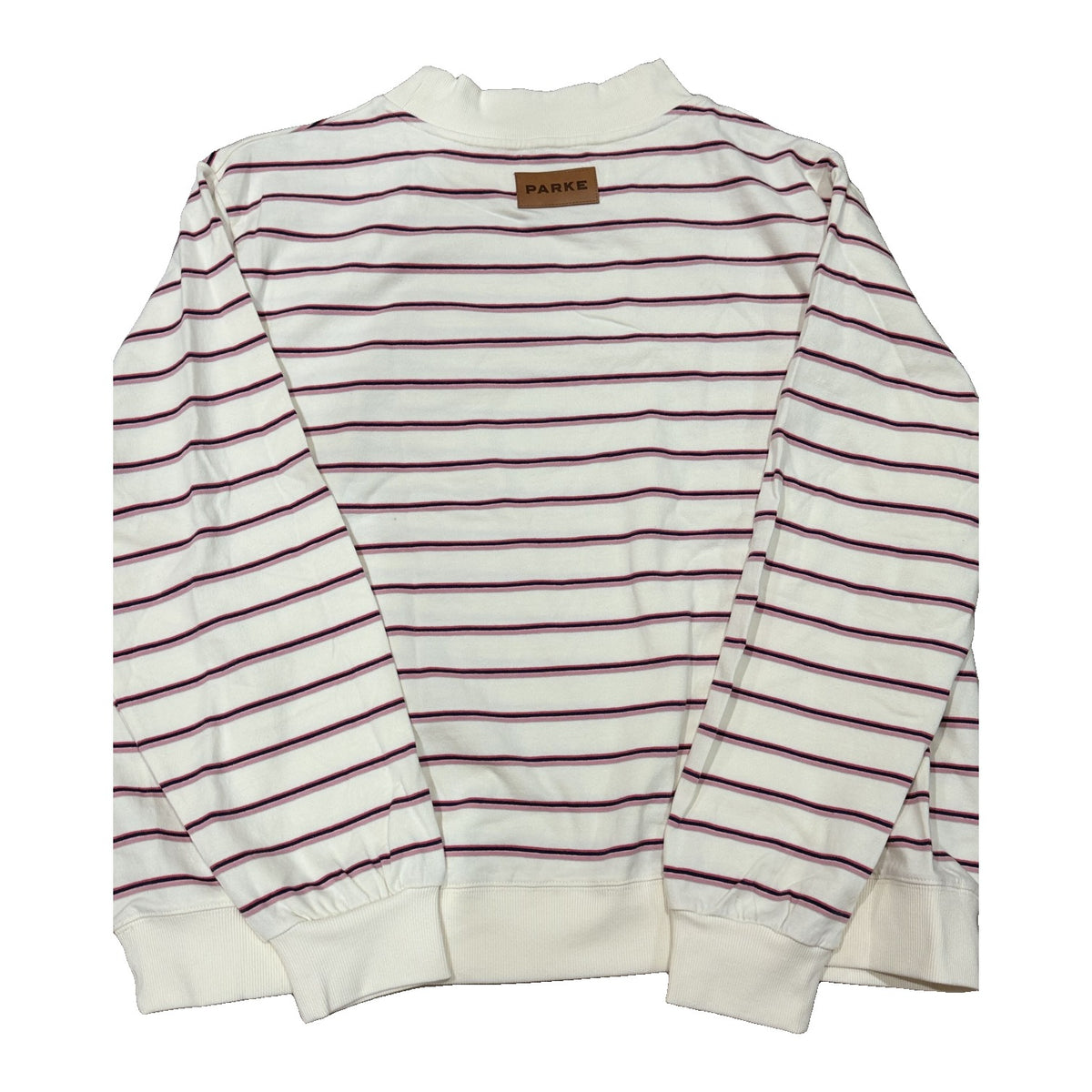 Parke Women's XXL striped mock neck sweatshirt in cream, pink, navy with leather logo patch, casual clothing style.