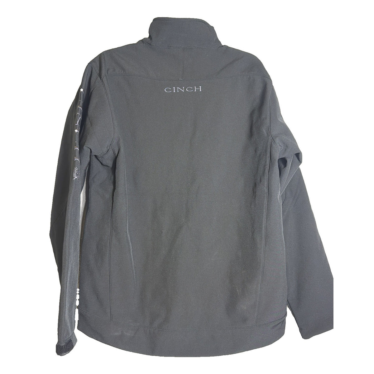 Men's black Cinch bonded softshell jacket with embroidered logo, size small, shown on a hanger.