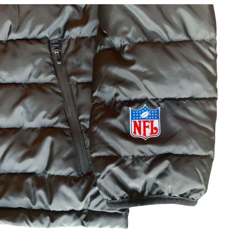 NFL Shield black puffer jacket for men, small size, full zip hooded design with retro logo and padded insulation.