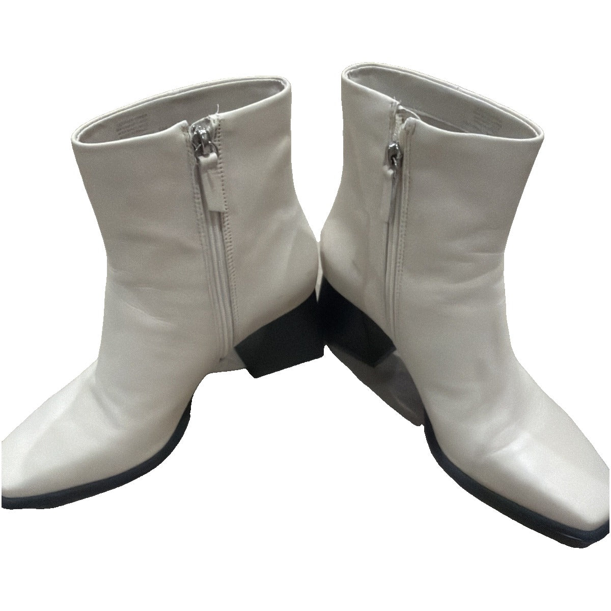 Gianni Bini cream leather ankle boots with square toe, block heel, side zipper, women's size 9, stylish footwear.