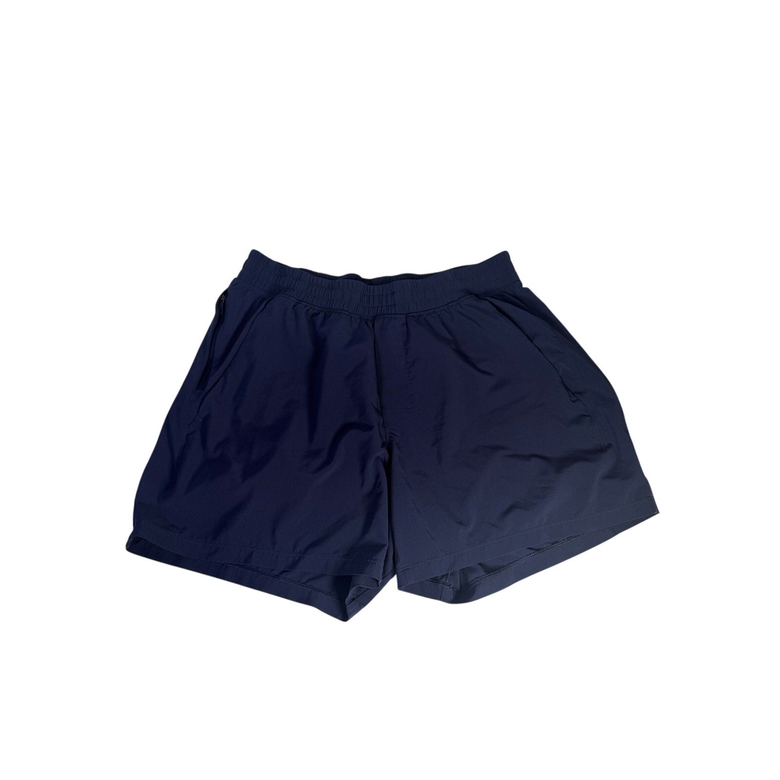 Lululemon men's navy blue athletic running shorts, size M, lightweight with elastic waistband and breathable fabric.