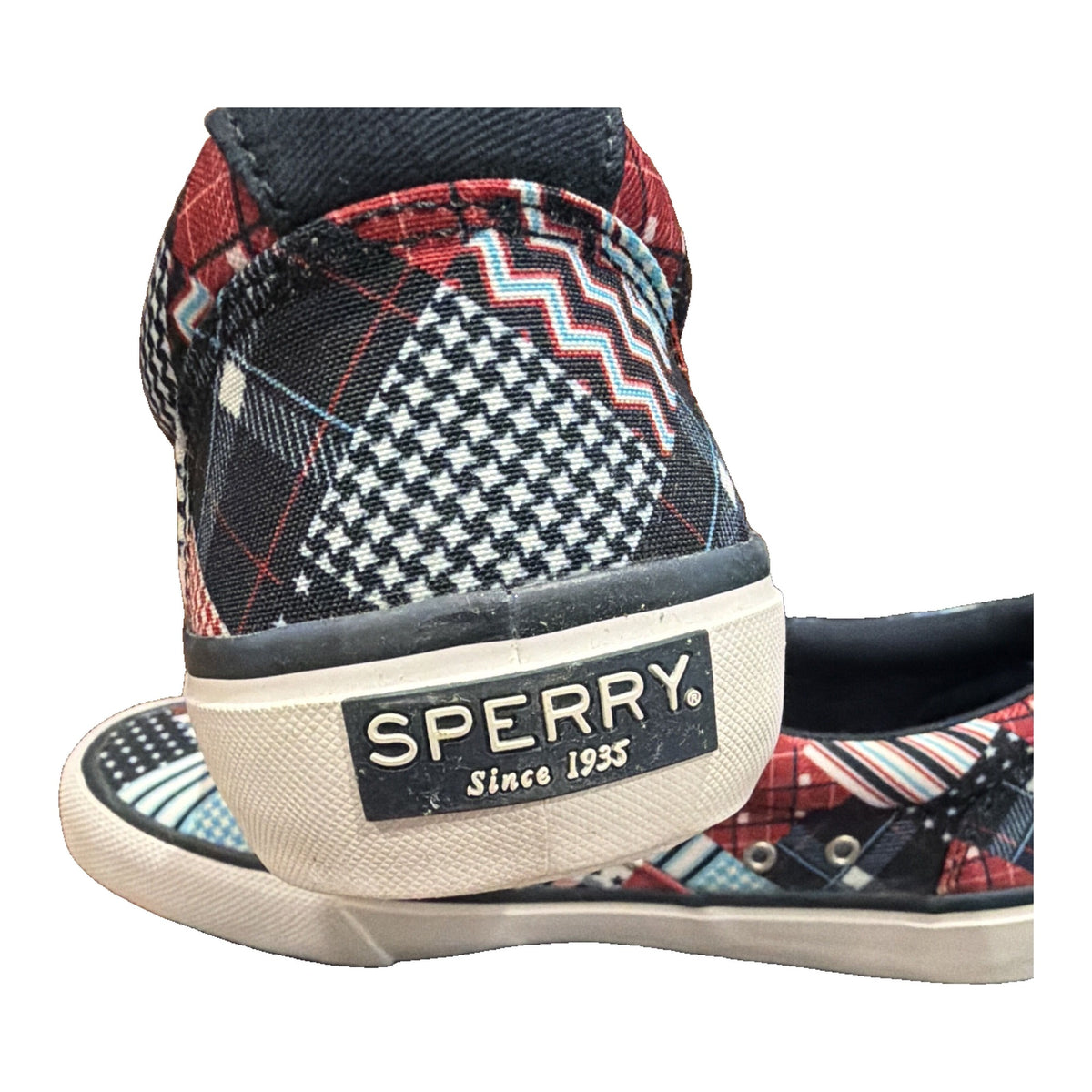 Sperry men's patchwork canvas lace-up sneakers in USA blue multi, size 9, new in box, showing the colorful patchwork design.