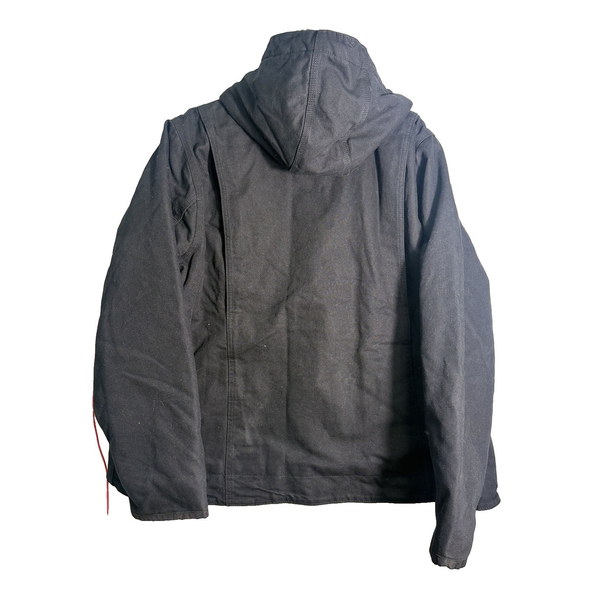 Carhartt women's black loose fit washed duck hooded jacket with sherpa lining, front pockets, and adjustable drawstrings.