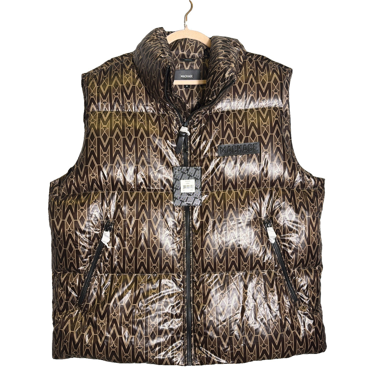 Mackage Kane-MG Monogram Down Puffer Vest in coffee brown, men's size XL, showing front view with quilted design and brand logo details.