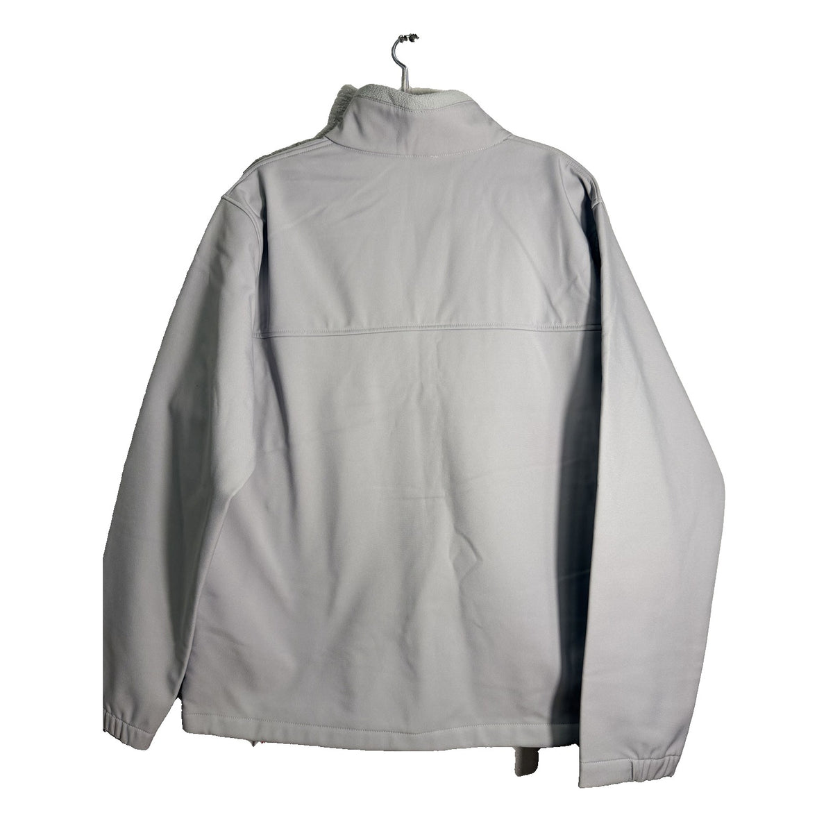 Men's Columbia Bowen Lake II Softshell Jacket in light gray, XL size, shown on a hanger with a close-up of the fabric texture.