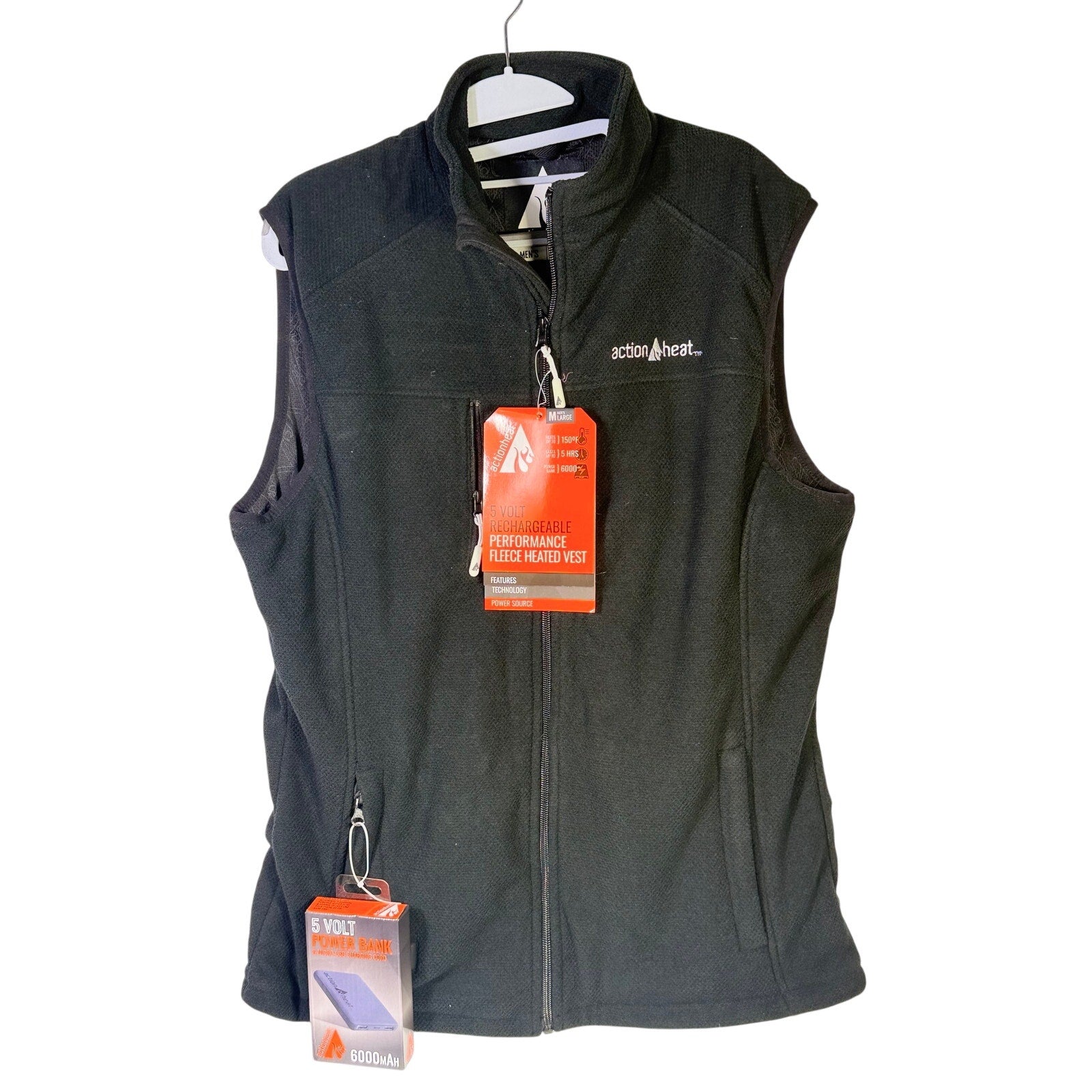 ActionHeat men's black rechargeable heated fleece vest size L with 5V power bank, front view showing zipper and heat zones.