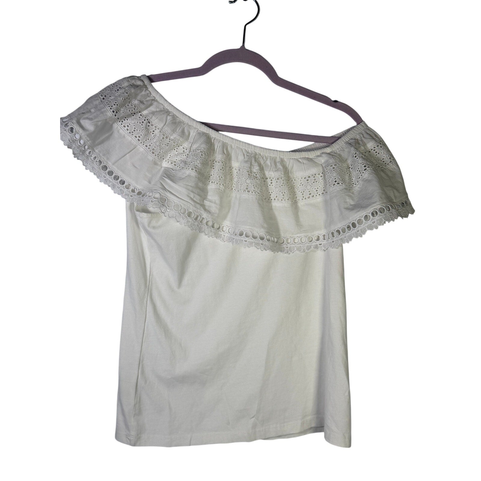 White Lilly Pulitzer Tracee off-shoulder eyelet top for women, small size, with ruffled neckline and intricate eyelet details.