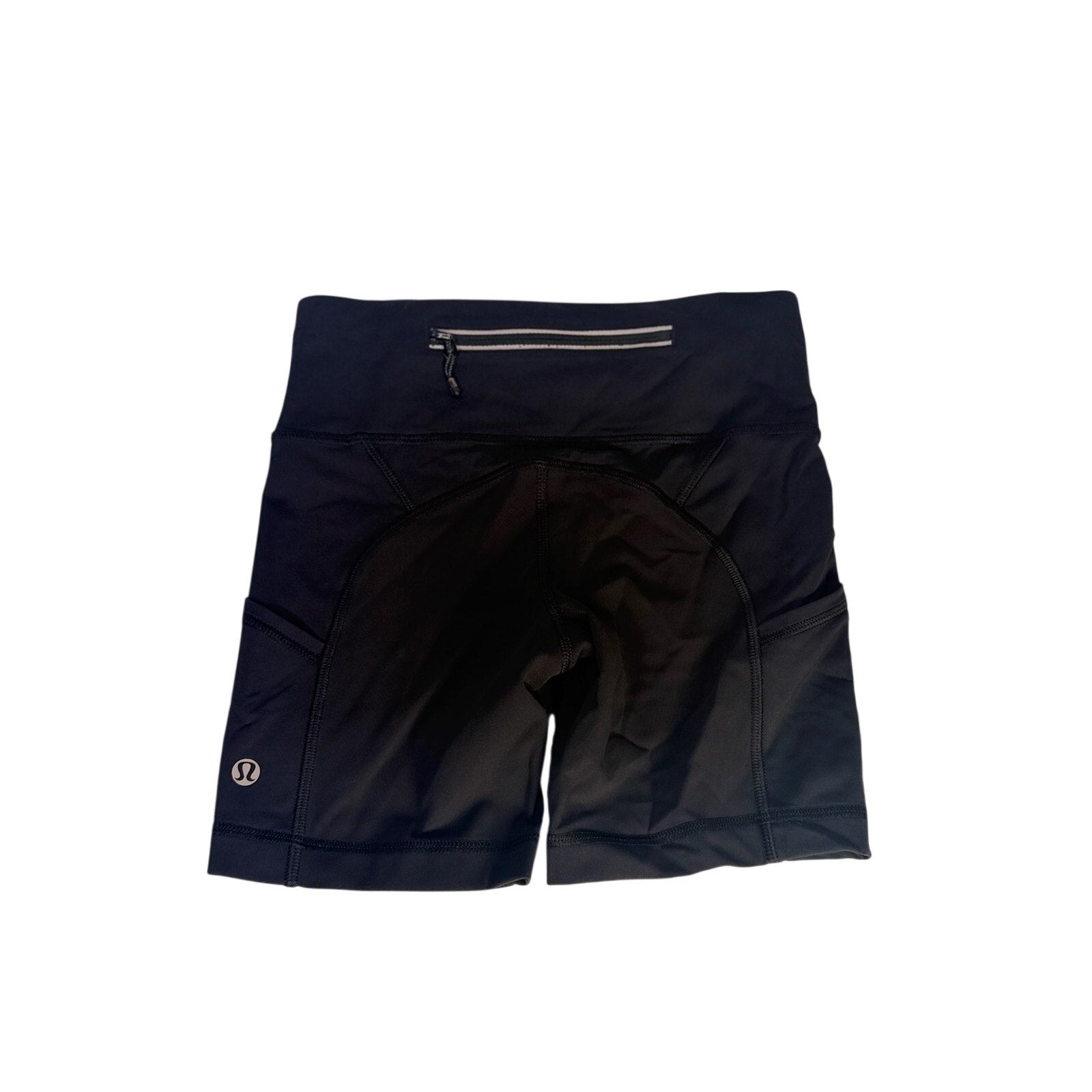 Lululemon women's black high-rise biker shorts with pockets, size 2, shown laid flat on a neutral background.