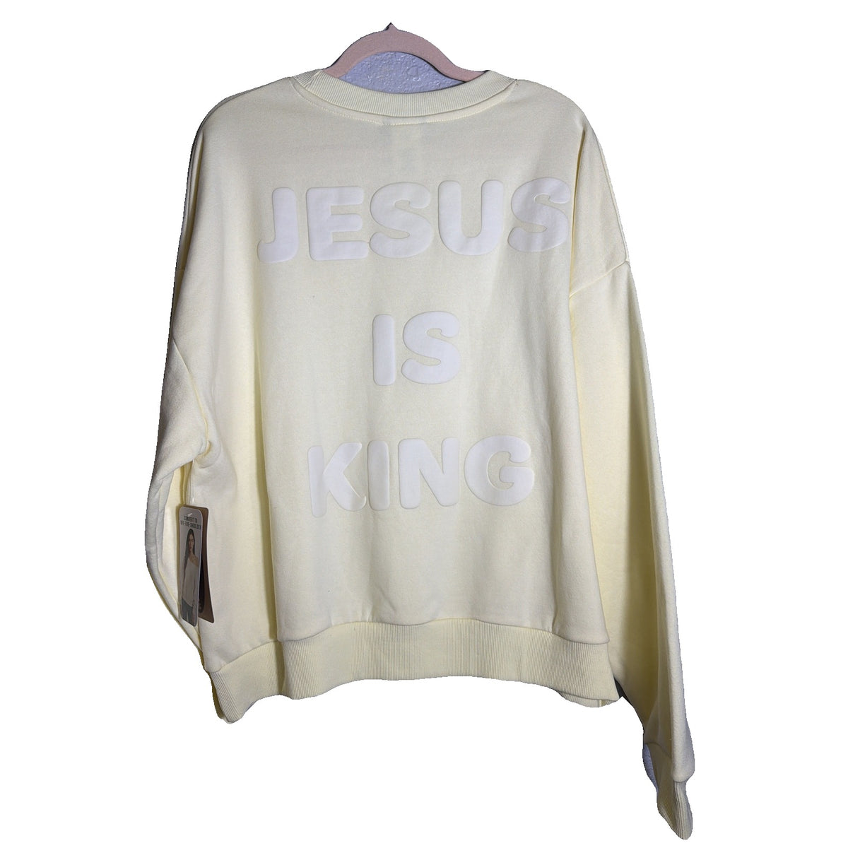 Women's yellow crewneck sweatshirt by Kind Regards featuring Revelation 19:16 Jesus Is King design, size large.