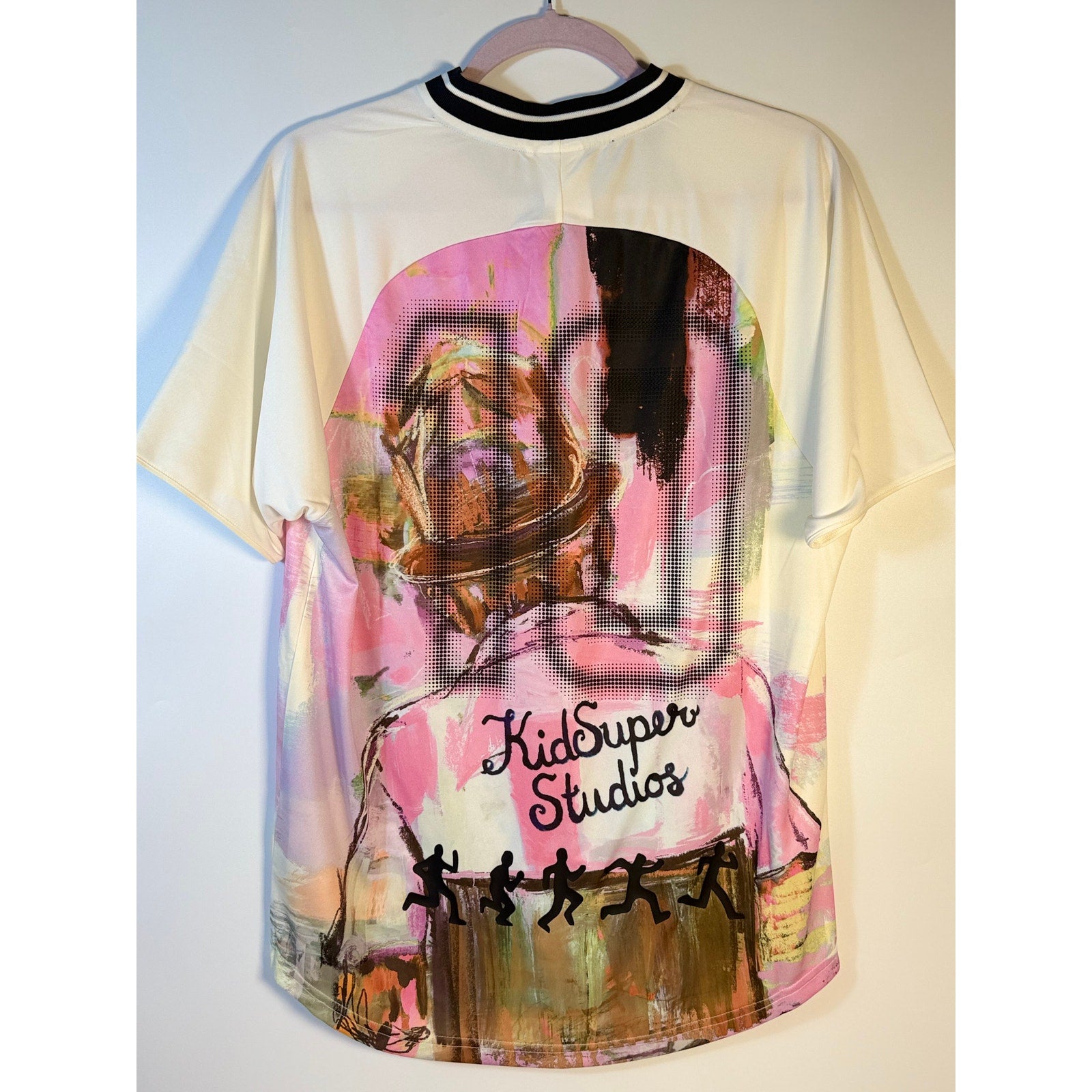 PUMA x KidSuper soccer jersey T-shirt in warm white with graphic design, men's size S, new with tags.