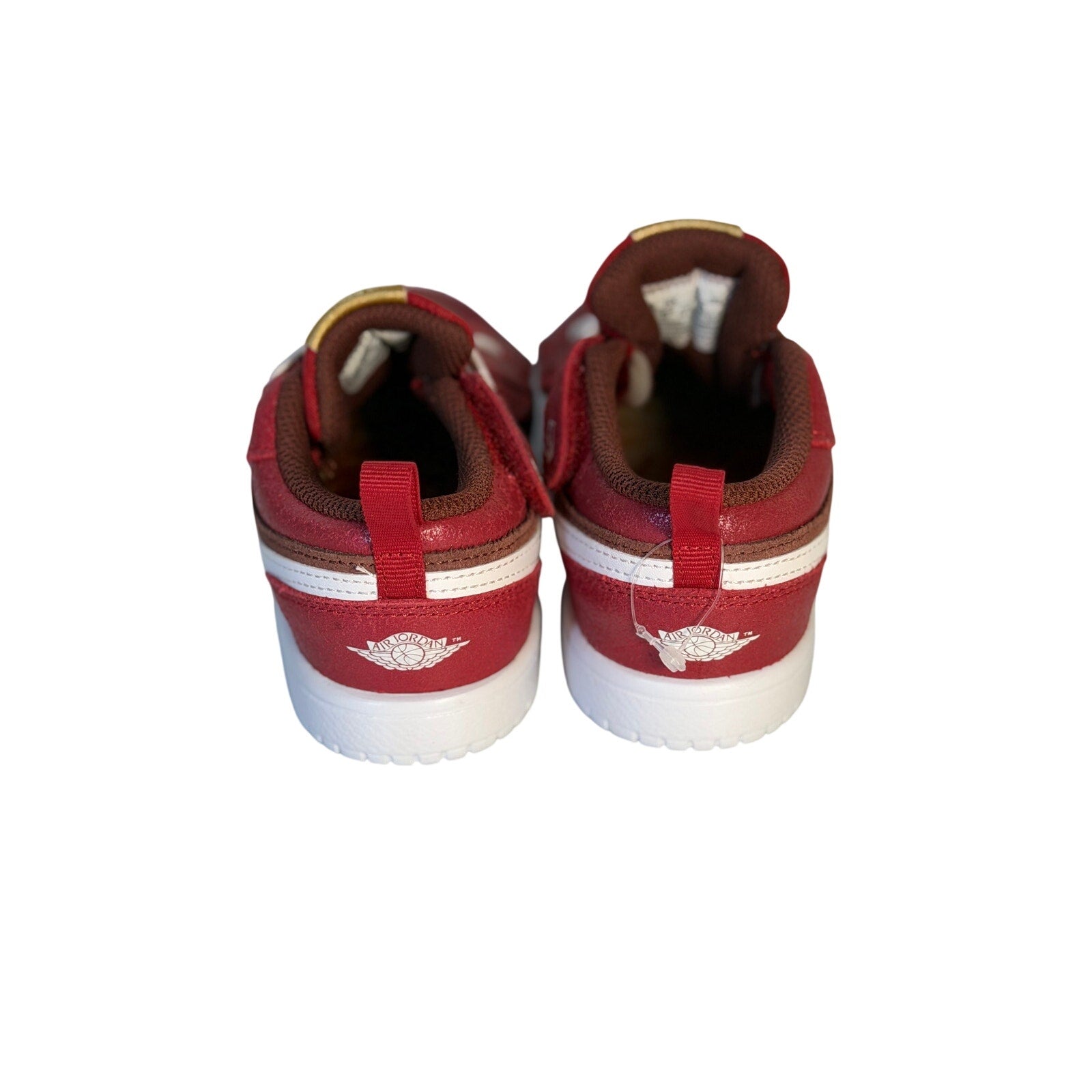 Jordan Air Jordan 1 Low ALT toddler sneakers in red, brown, and white with hook-and-loop straps, US 10C, casual sneaker style