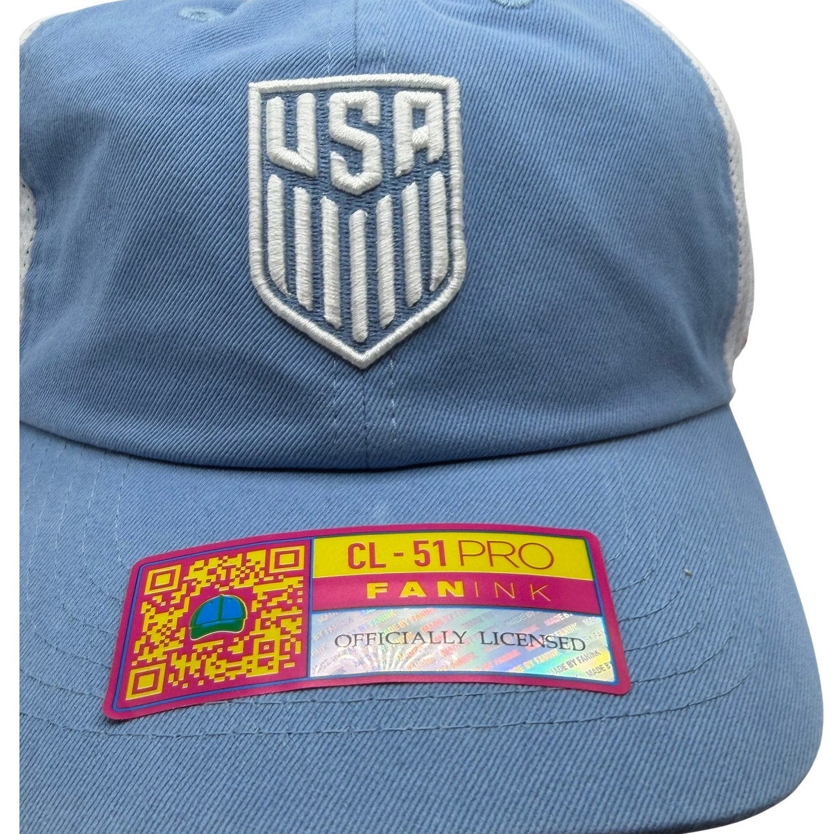 Fan Ink USA Soccer Fan Ink CL-51 adjustable trucker hat in blue and white, featuring soccer fan design and one size fit.