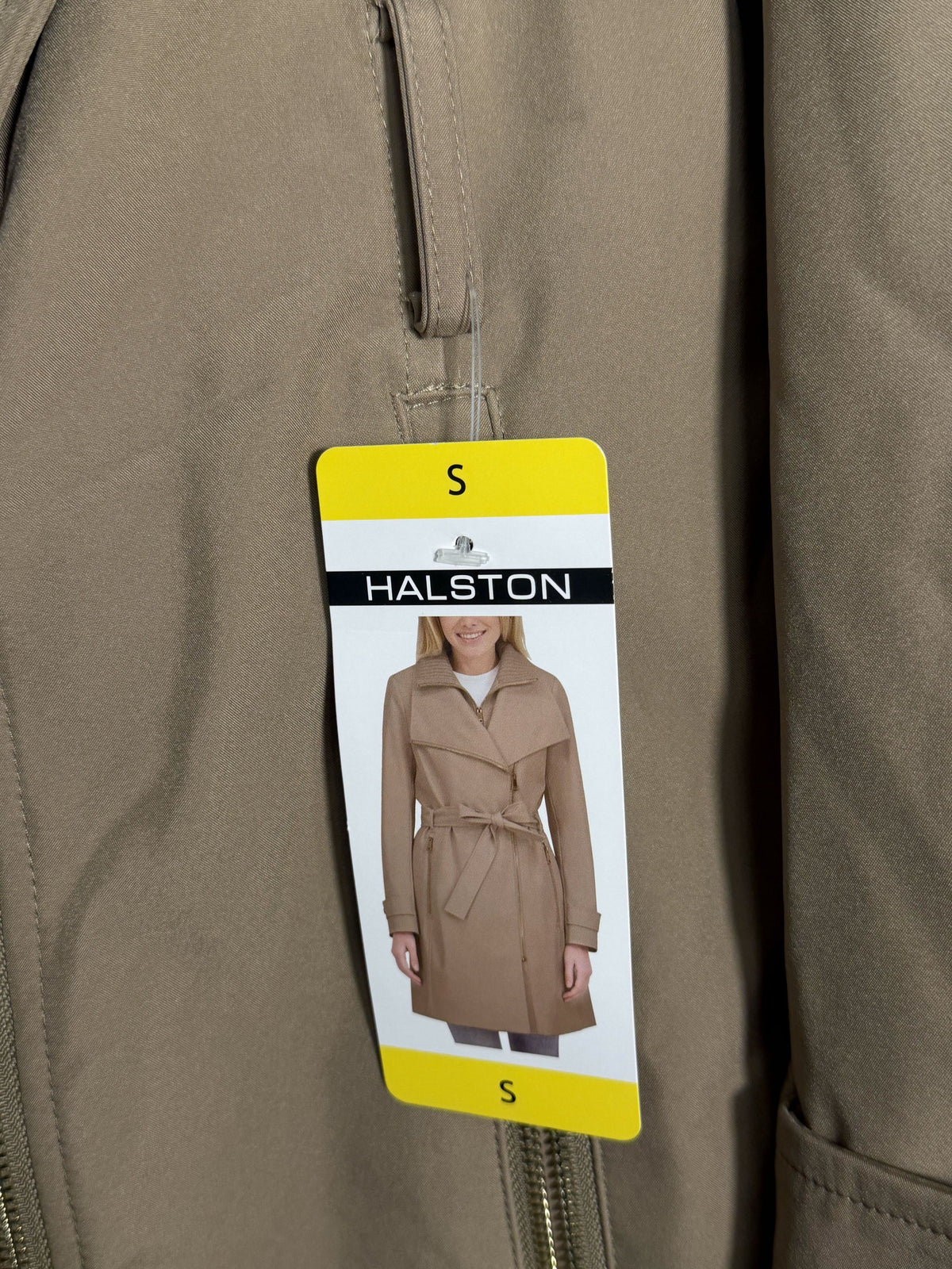 Halston women's camel soft shell coat with asymmetric zip and knit collar bib, size small, stylish and warm jacket.