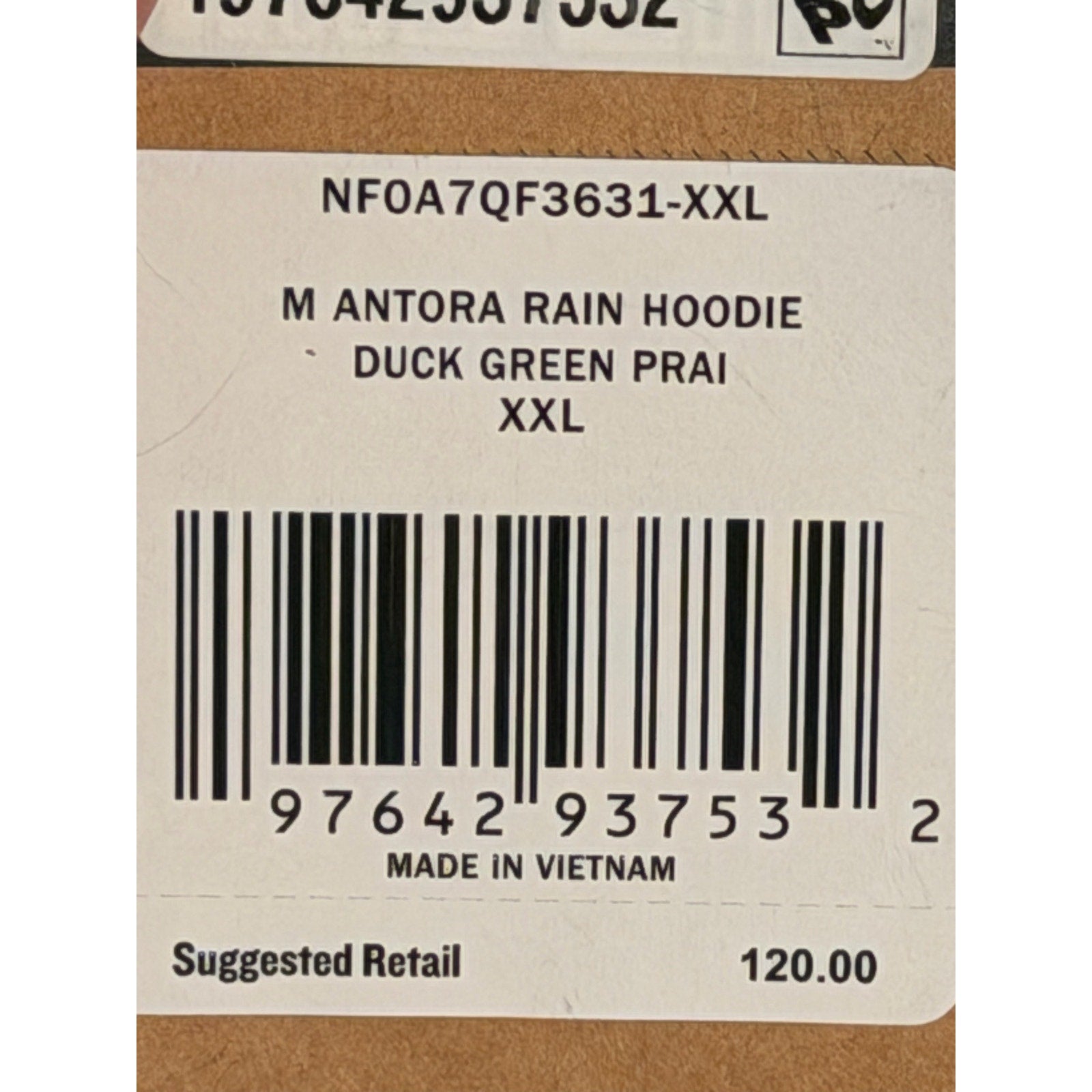 The North Face Men’s Antora Rain Hoodie in XXL, duck green prairie print, showing the waterproof jacket with hood and zip front.