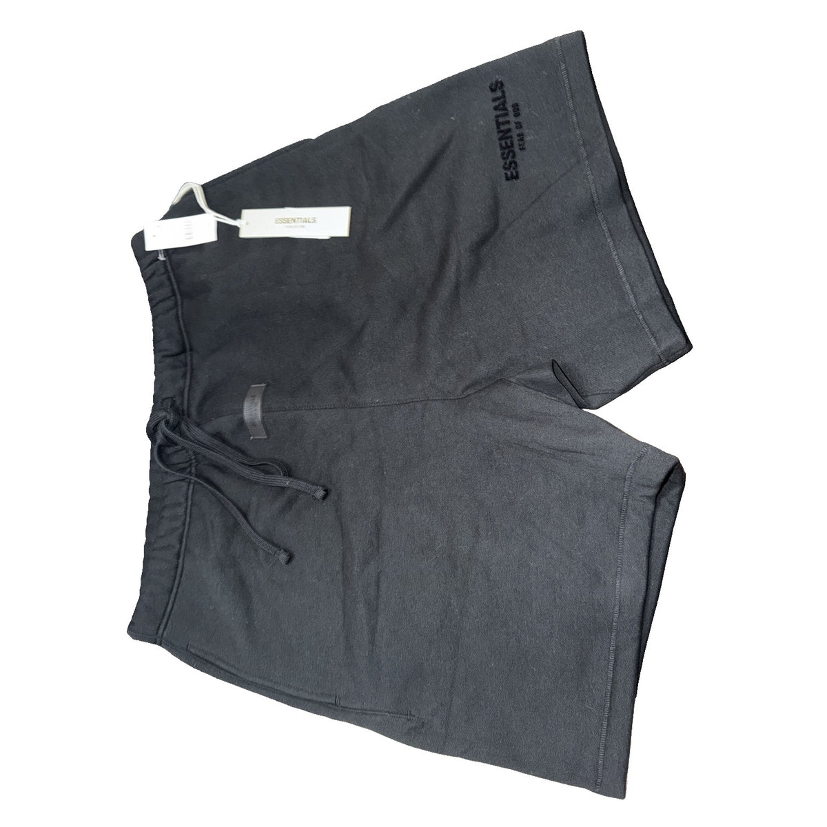 Essentials Fear of God men's black fleece sweat shorts, size XL, showing comfortable elastic waistband and relaxed fit.