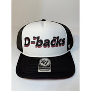 Black and white 47 Brand Arizona Diamondbacks trucker hat with adjustable strap, featuring team logo and mesh back for ventilation.