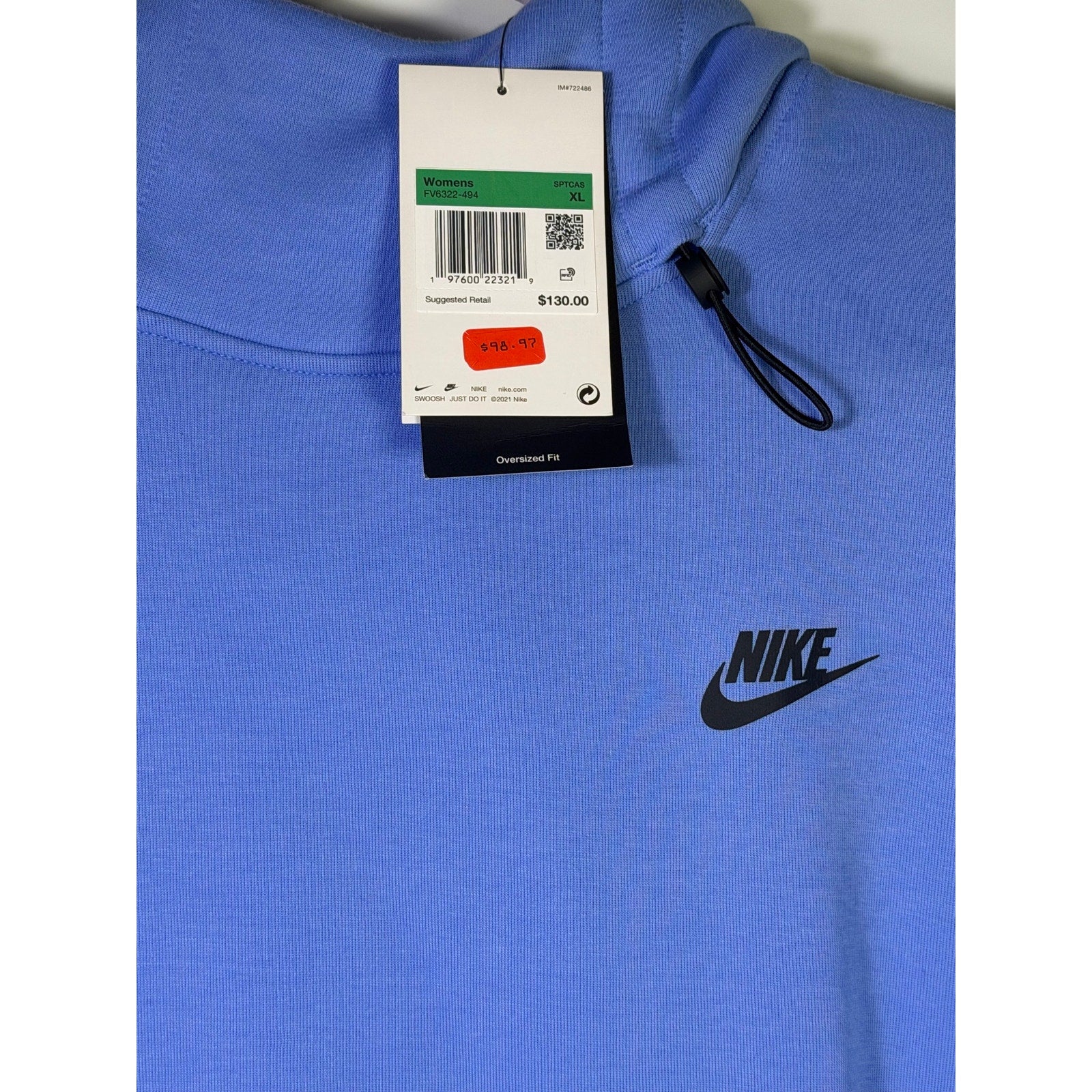 Nike Sportswear women's oversized blue fleece hoodie, size XL, casual pullover with a cozy, relaxed fit.