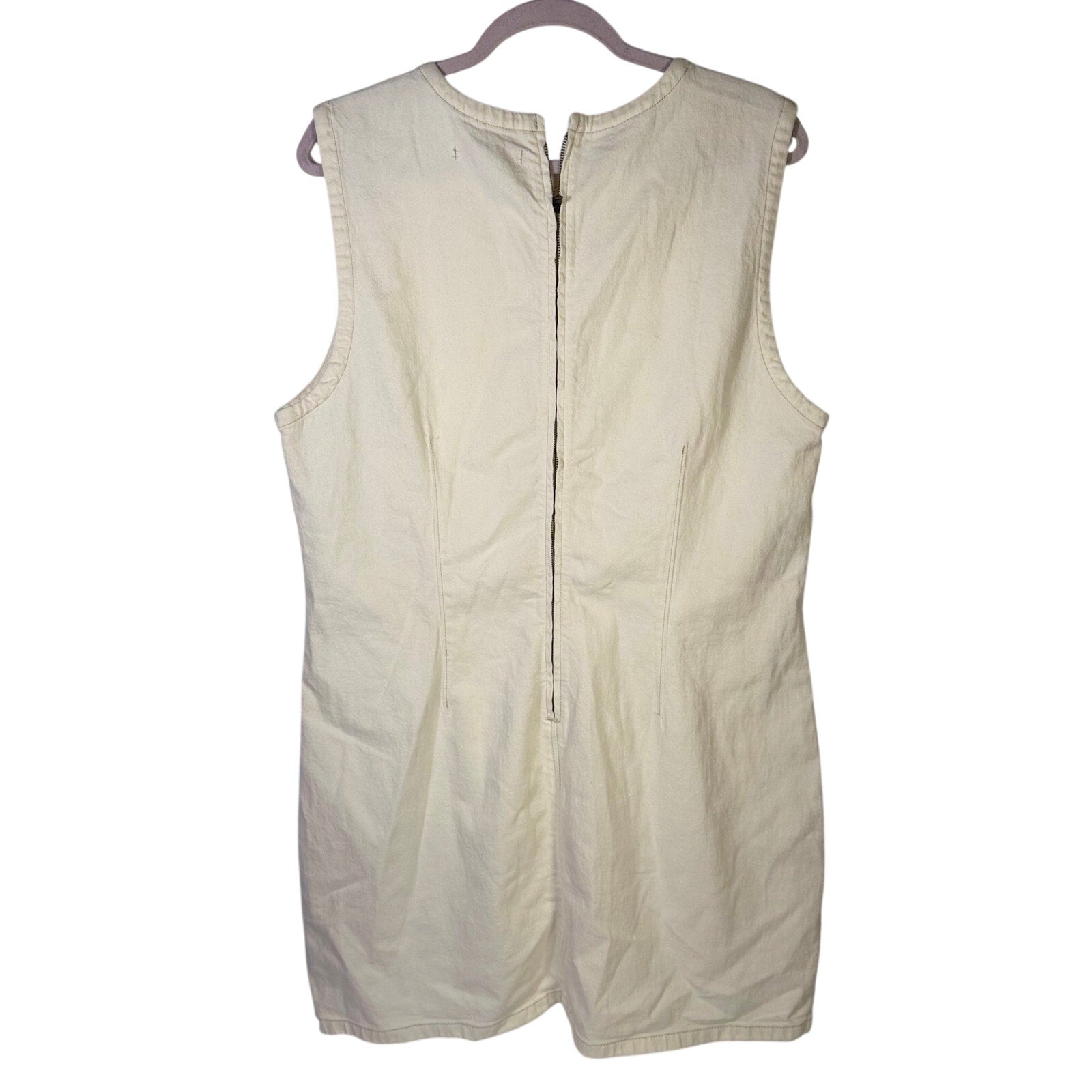 Abercrombie & Fitch cream denim mini shift dress in size XL, new with tags, displayed flat showing front view and sleeveless design.