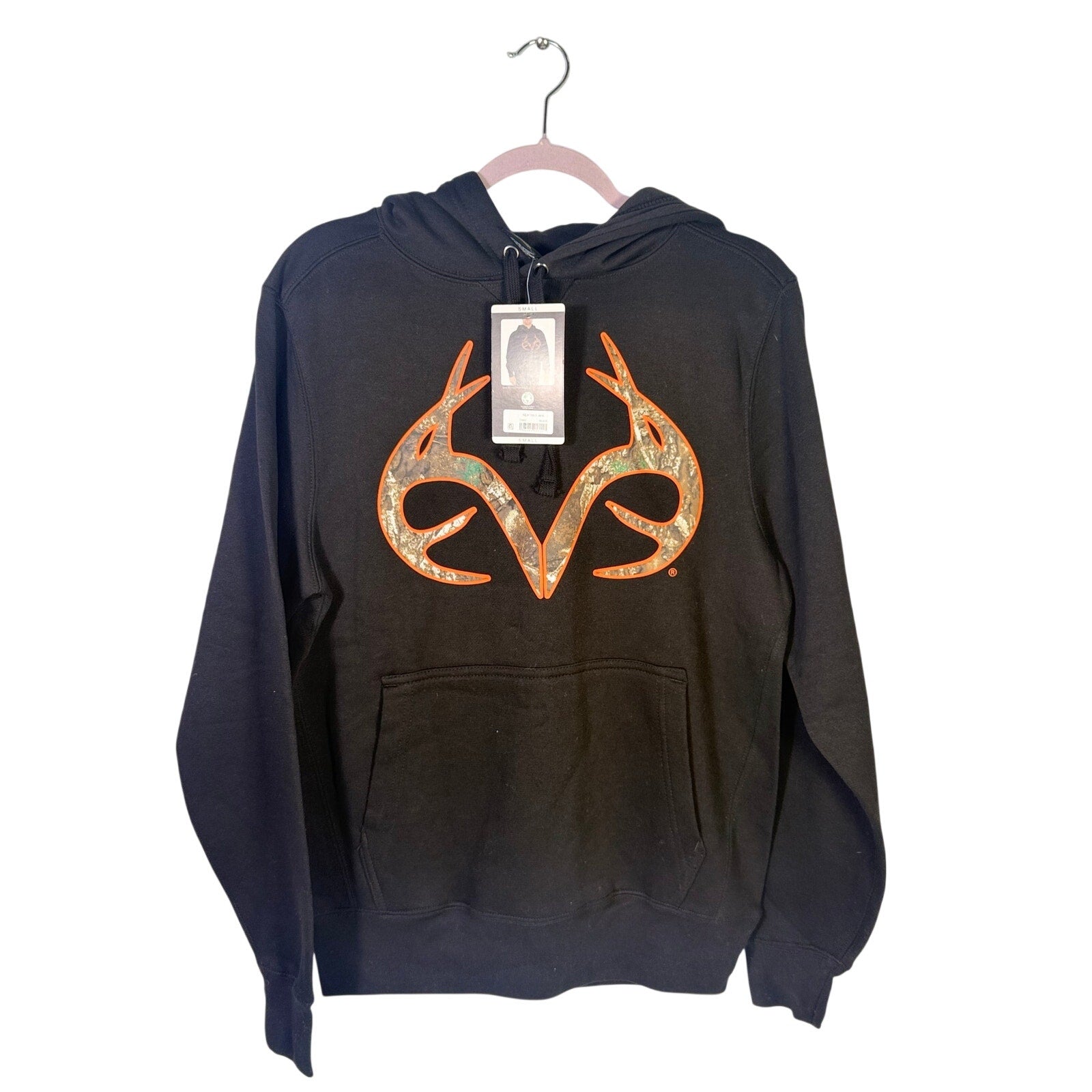 Realtree men's black and orange camo hoodie with antler logo, size small, featuring a pullover design and camouflage pattern.