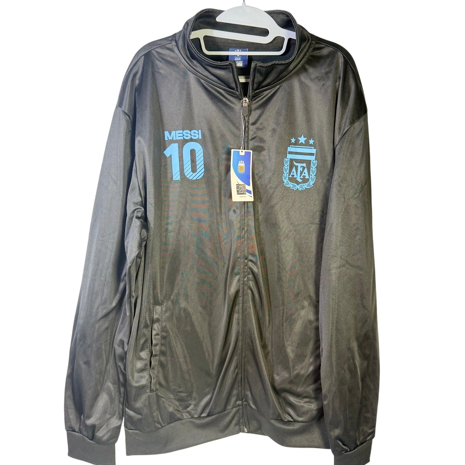 AFA Argentina Messi #10 full zip track jacket in black and blue, official size XL, displayed on a plain background.