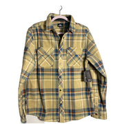 O'Neill Glacier Plaid Superfleece shirt jacket in khaki and blue, men's size M, displayed on a hanger.