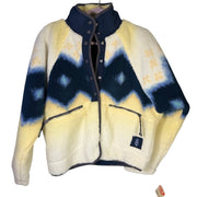 Free People women’s Soft Glow Sun Combo fleece jacket in yellow and blue, size S, displayed on a hanger.