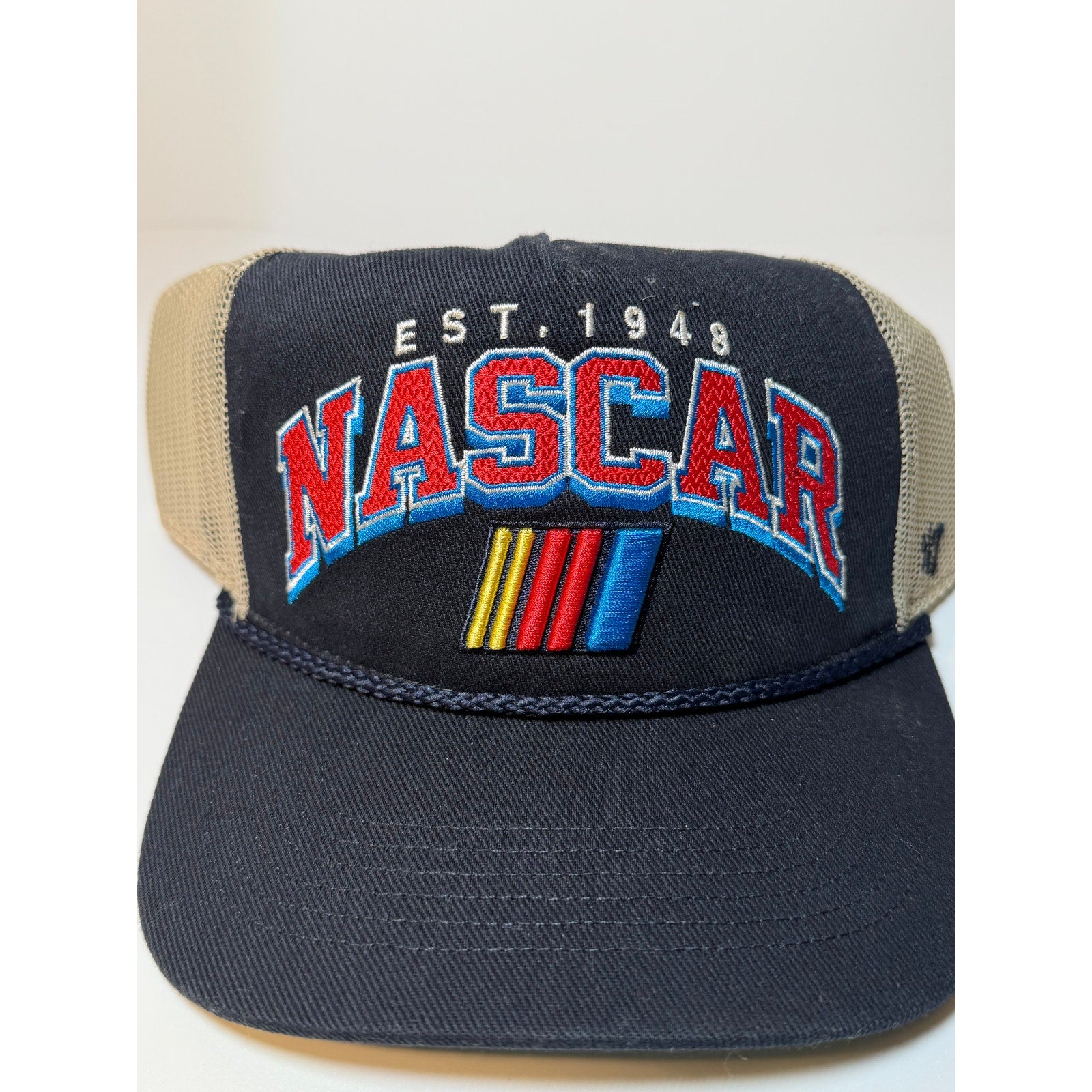 Navy and tan 47 Brand NASCAR trucker snapback hat with embroidered logo, adjustable one size fits all, new with tags