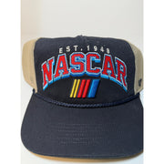 Navy and tan 47 Brand NASCAR trucker snapback hat with embroidered logo, adjustable one size fits all, new with tags