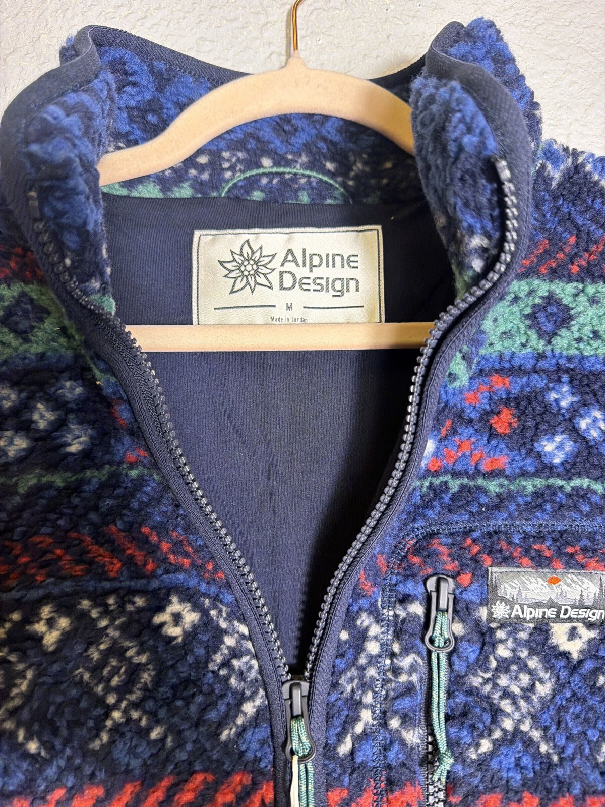 Alpine Design Sherpa Full Zip Fleece Jacket in Deep Navy with Fair Isle pattern, men's size M, showcasing cozy fleece fabric and zip closure.