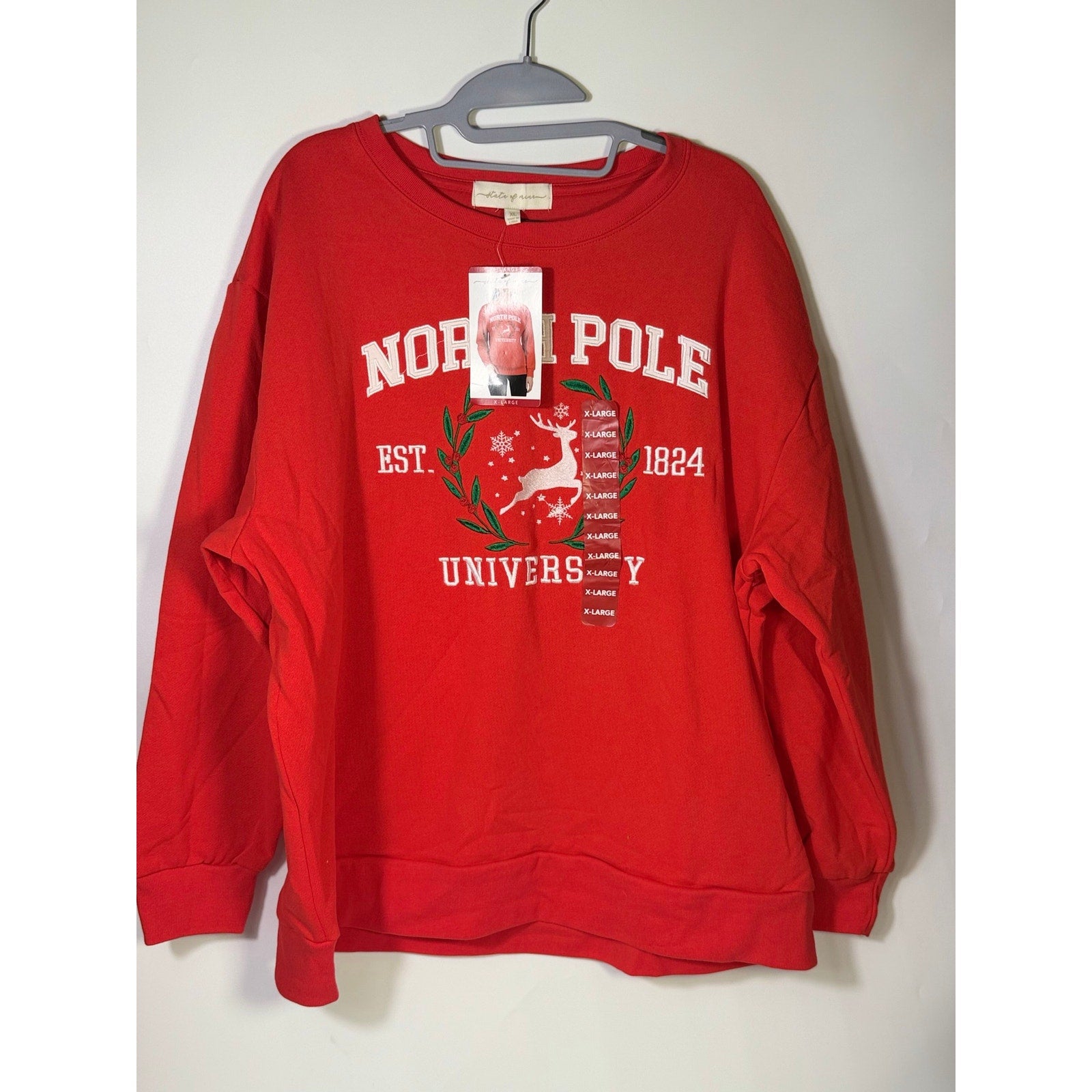 State of Mine North Pole University Christmas sweatshirt for women, XL size, featuring winter holiday-themed design.