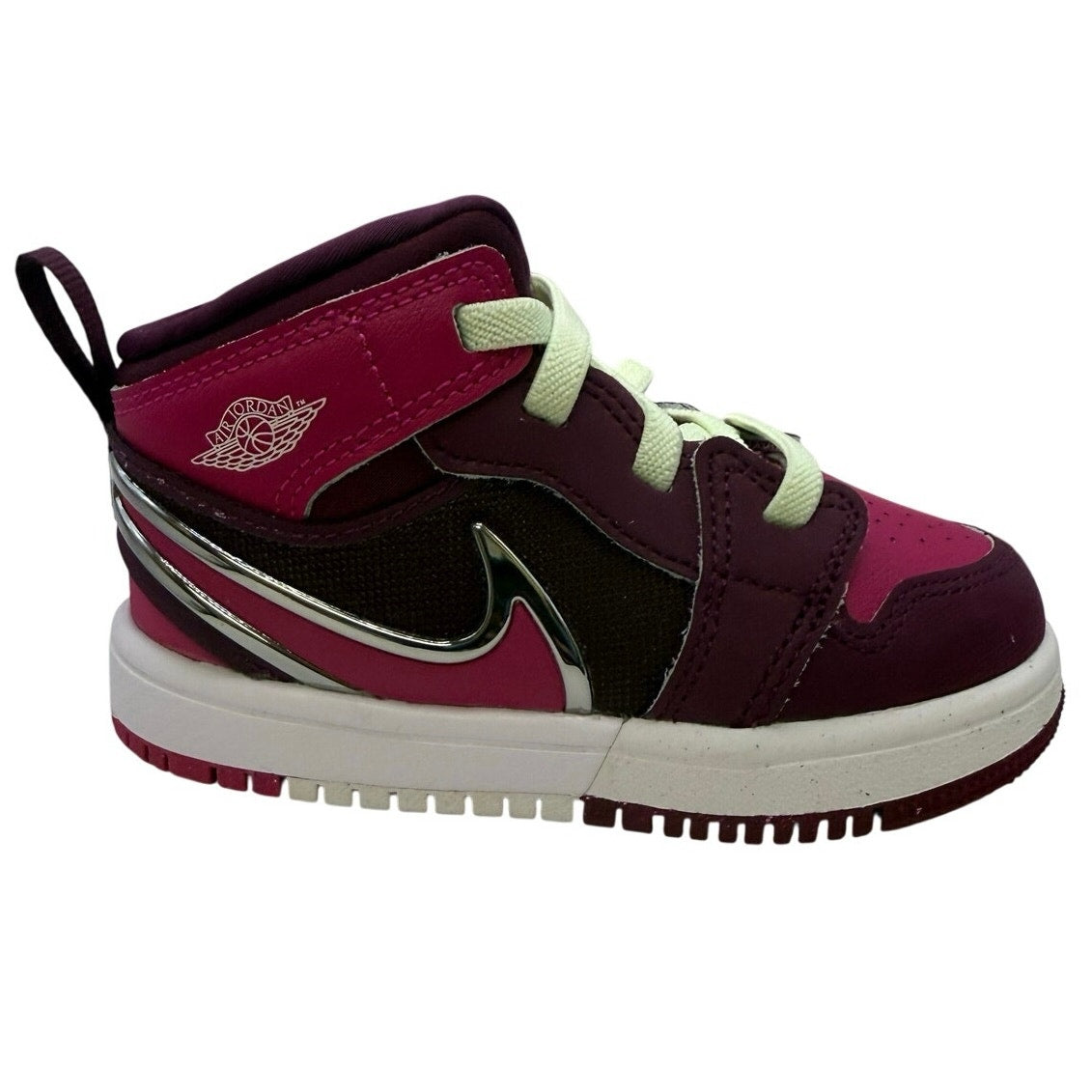 Air Jordan 1 Mid RM EasyOn toddler sneakers in Bordeaux, pink, and white with soft materials and easy-on design.
