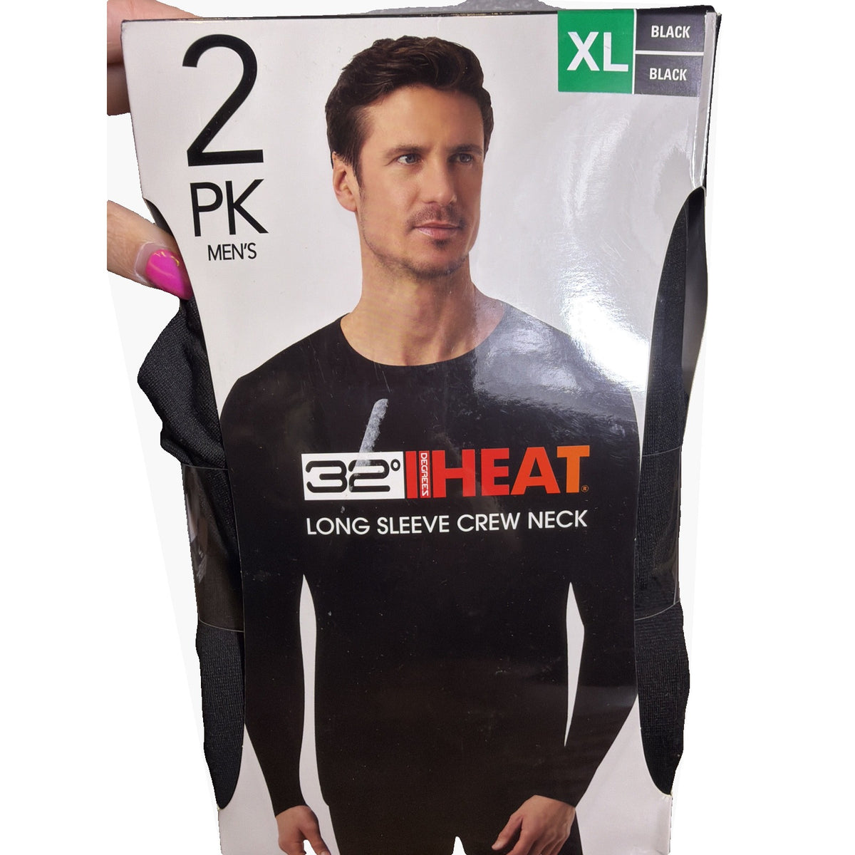 Two black 32 Degrees Heat men's long sleeve crew base layer tops in size XL, laid flat, showing soft fabric and crew neckline.