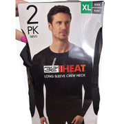 Two black 32 Degrees Heat men's long sleeve crew base layer tops in size XL, laid flat, showing soft fabric and crew neckline.